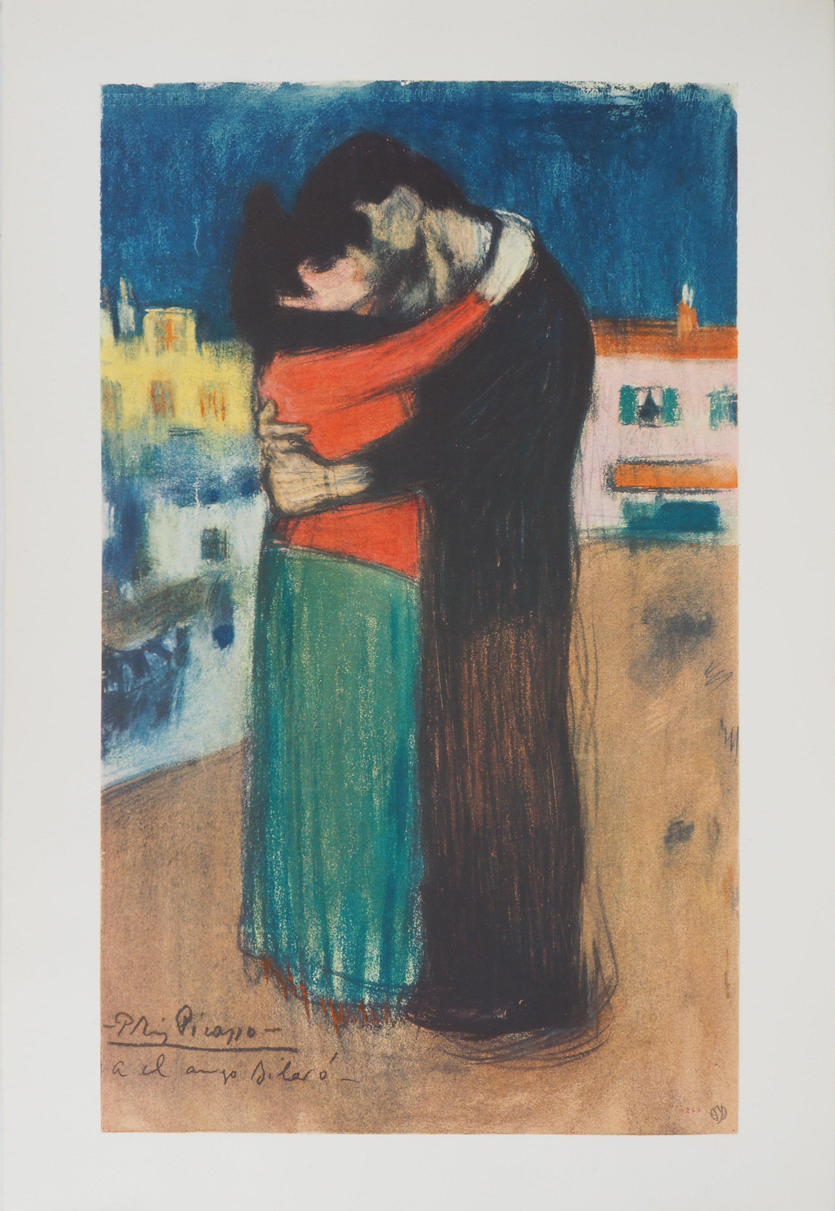 Figurative Print de Pablo Picasso - Homenaje a Toulouse Lautrec : Los amantes, el beso - Litografía - Firma impresa