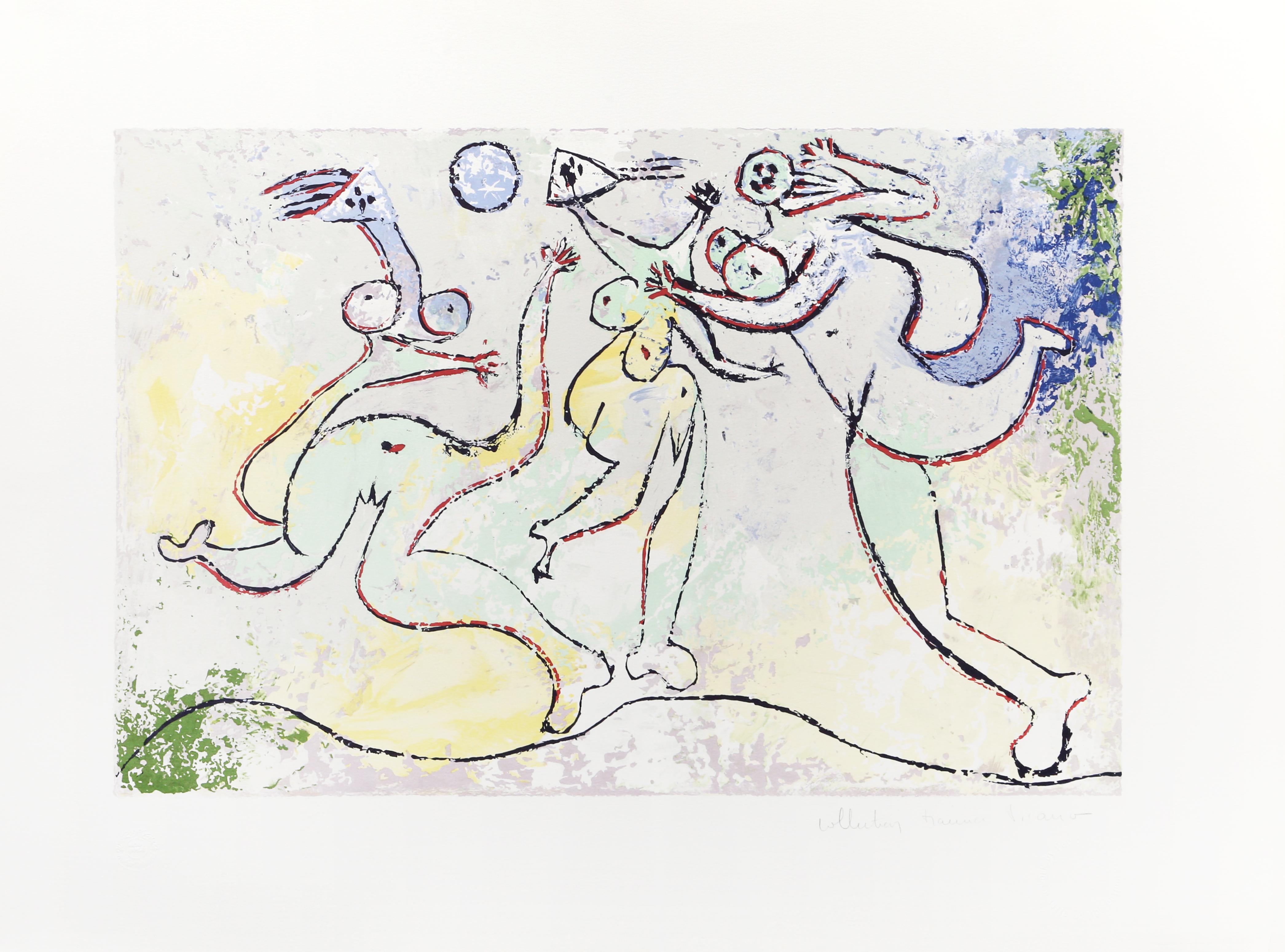 In this spirited beach scene, Pablo Picasso depicts three nude female figures playing with a ball. Full of movement and bursting with color, this print showcases the artist's ability to create a dynamic composition of fluid motion. A lithograph from