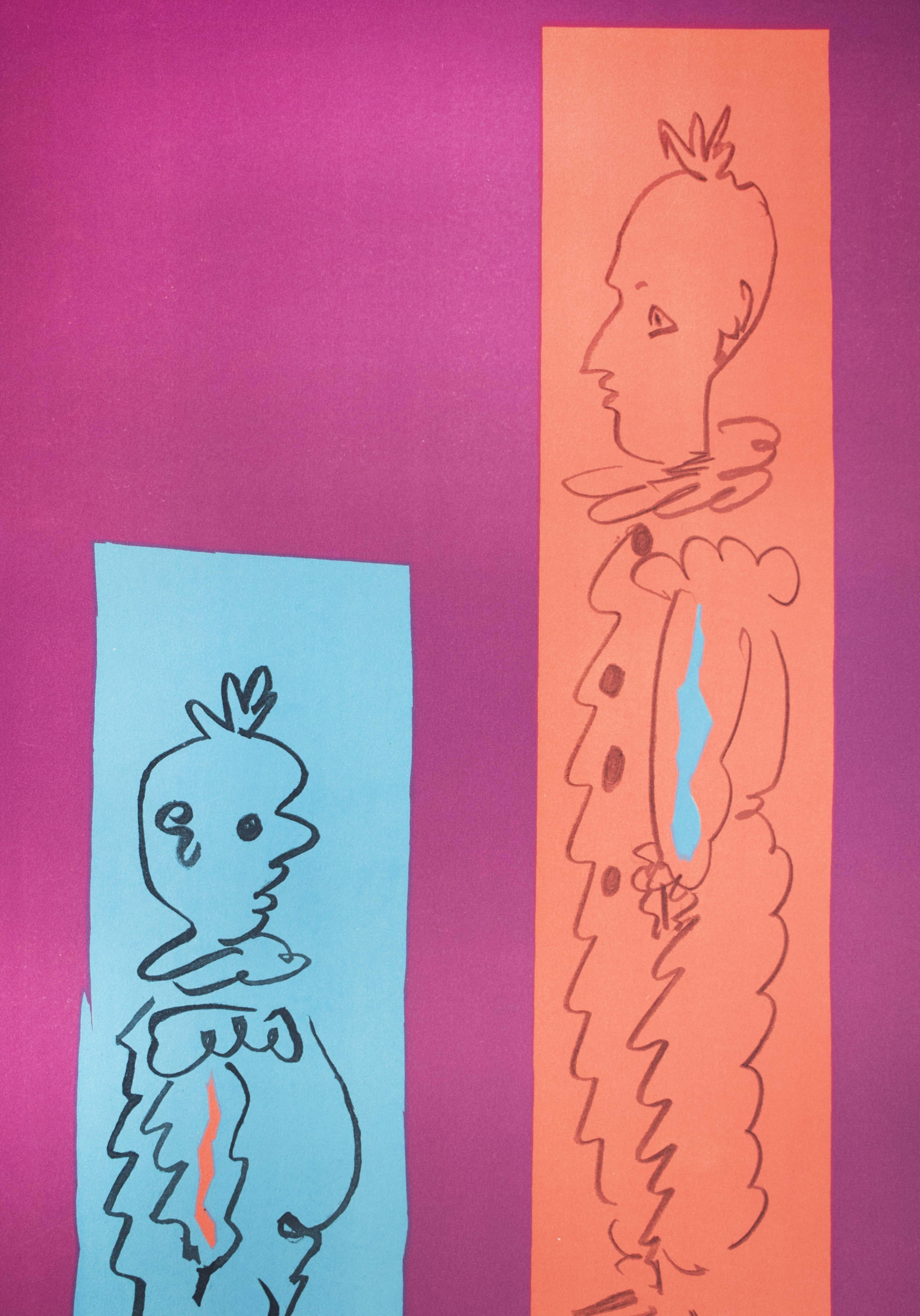 Two Clowns  Deux Clowns - Clowns Circus French Spanish - Pink Figurative Print by Pablo Picasso