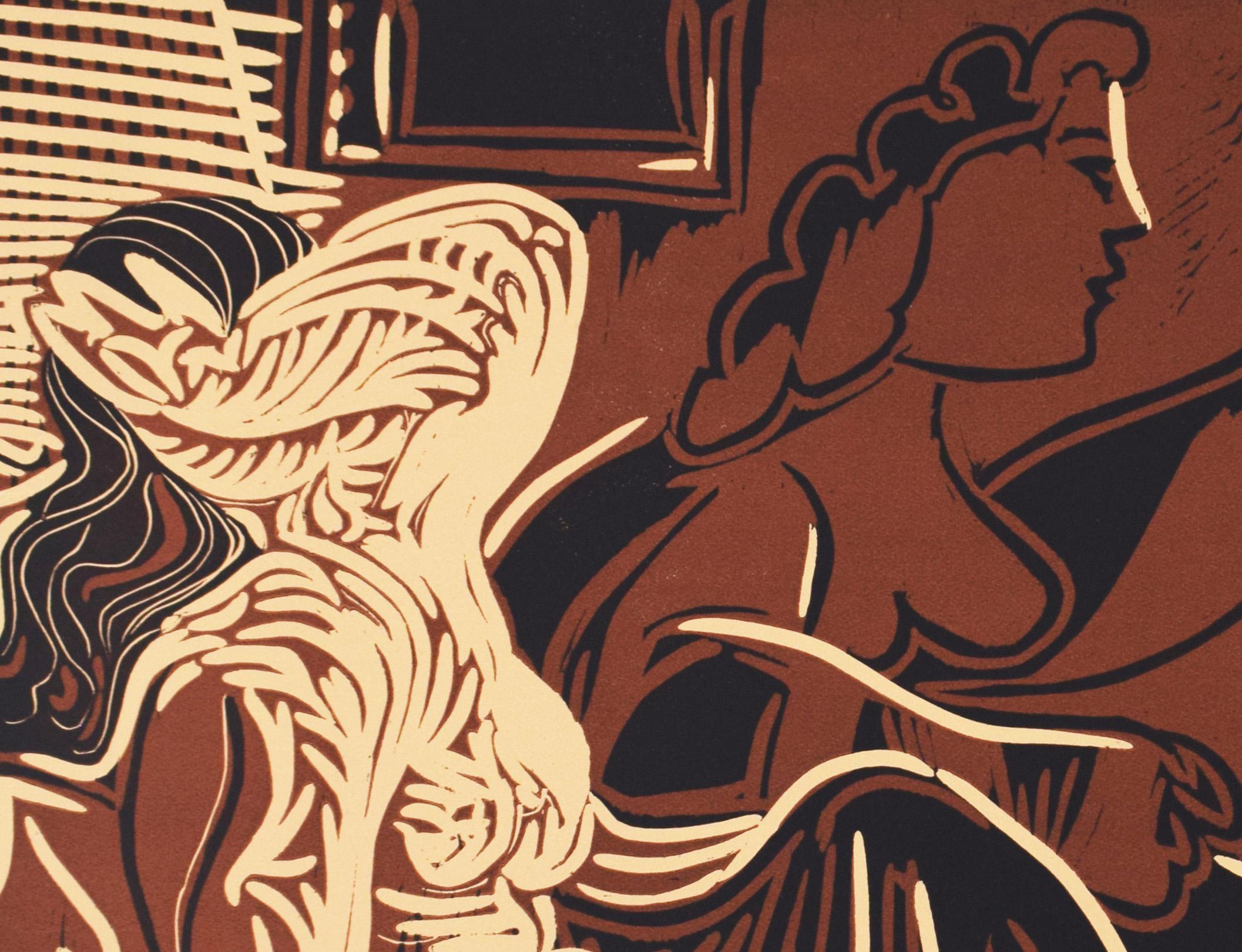Two Women by the Window - Spanish Linocut - Brown Figurative Print by Pablo Picasso