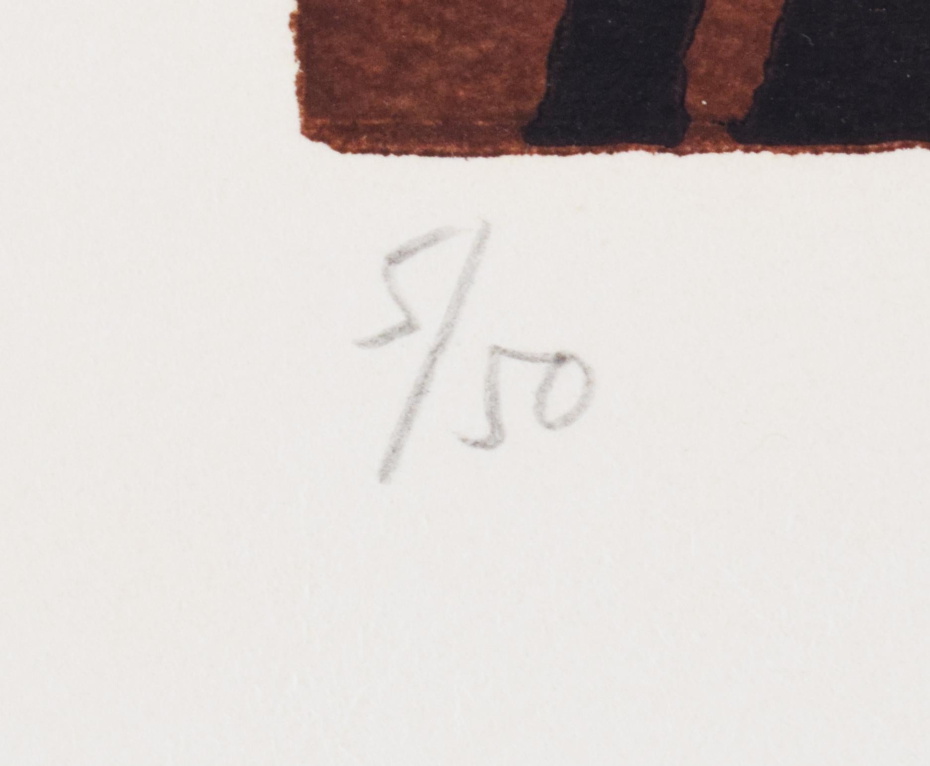 Cette linogravure originale en couleurs est signée à la main au crayon par l'artiste 