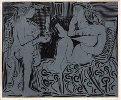 Deux femmes avec un vase de fleurs - Grabados al Linleo, 1963