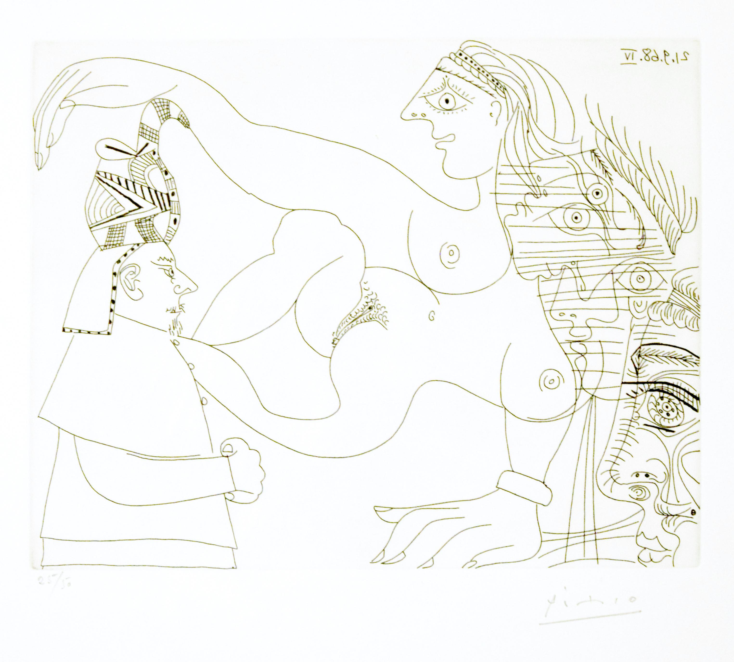 Egyptien et femmes, plate 331 from “Series 347” is an amazing and precious b/w etching on paper realized in 1968 by Pablo Picasso. Signed in pencil, numbered out of 50 (there were also 17 artist’s proofs), printed by Crommelynck, Paris, published by