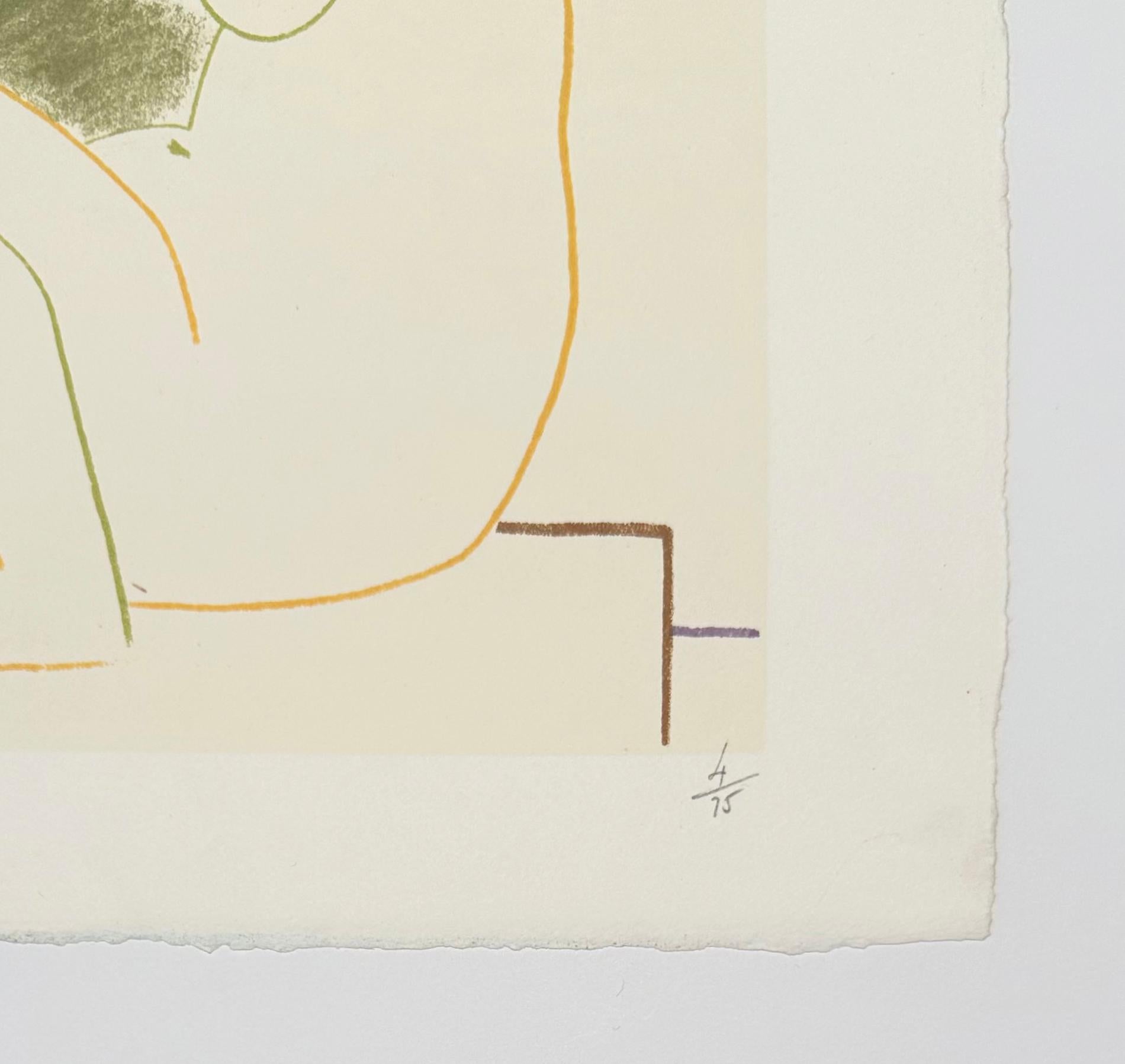 Artist: Pablo Picasso (after)
Title: Untitled
Portfolio: La Comédie Humaine (Suite de 15 Dessins de Picasso, Verve 29-30)
Medium: Lithograph in colors on wove paper
Date: 1954
Edition: 4/75
Frame Size: 21 3/4