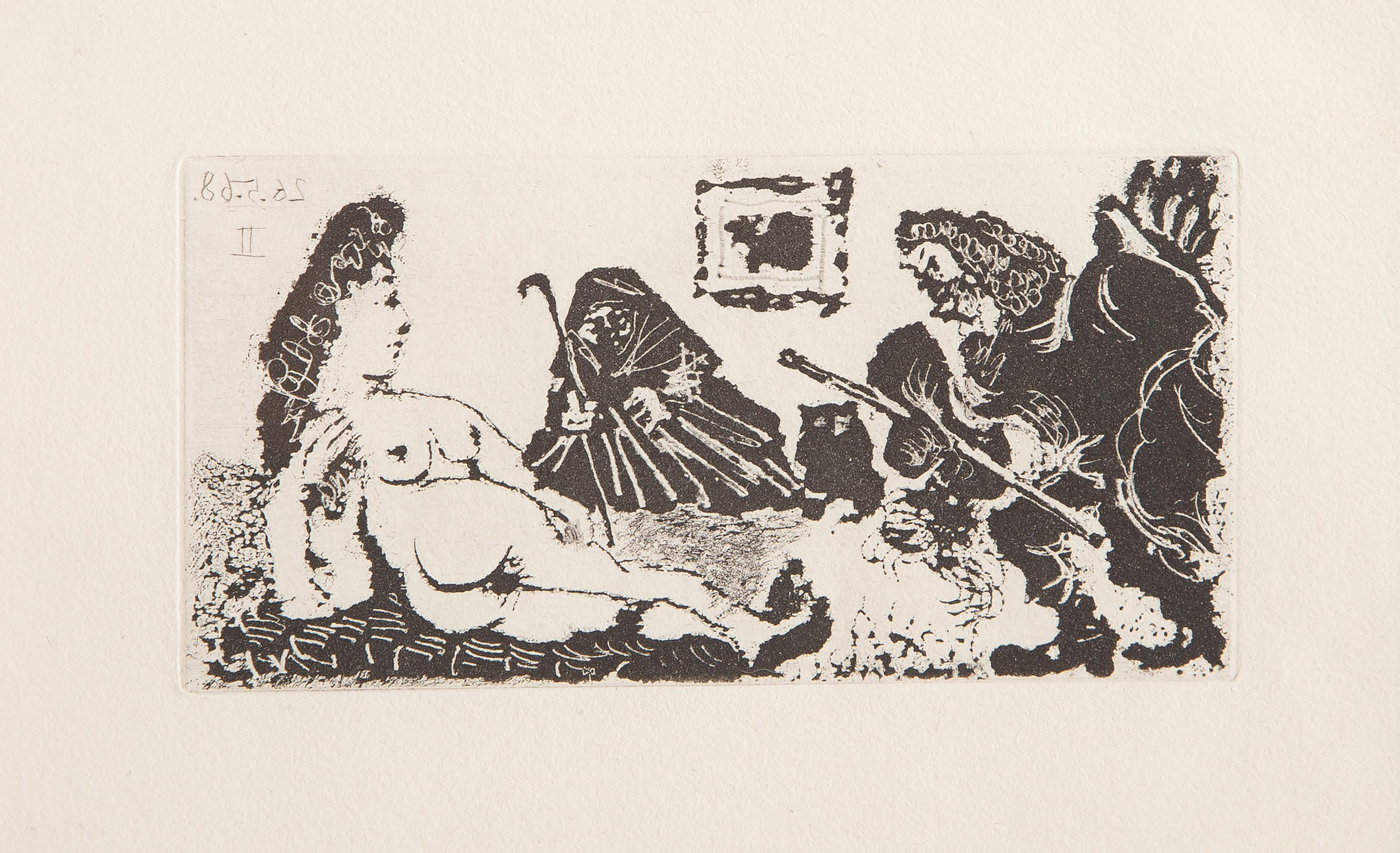 Vieux beau saluant très bas une pupille de la Célestine, Sugarlift Aquatint - Modern Print by Pablo Picasso