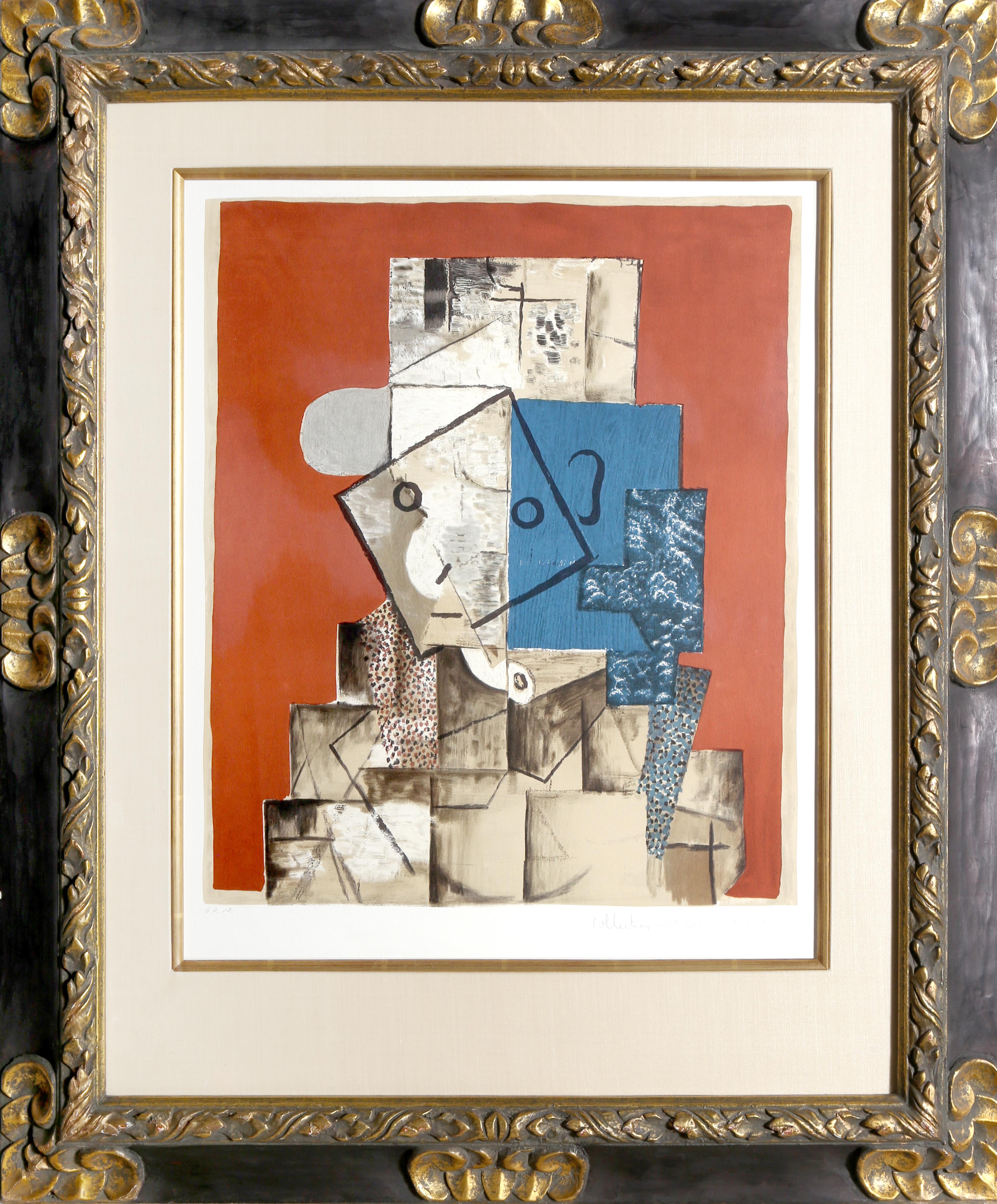 Visage sur Fond Rouge, Cubist Lithograph by Pablo Picasso