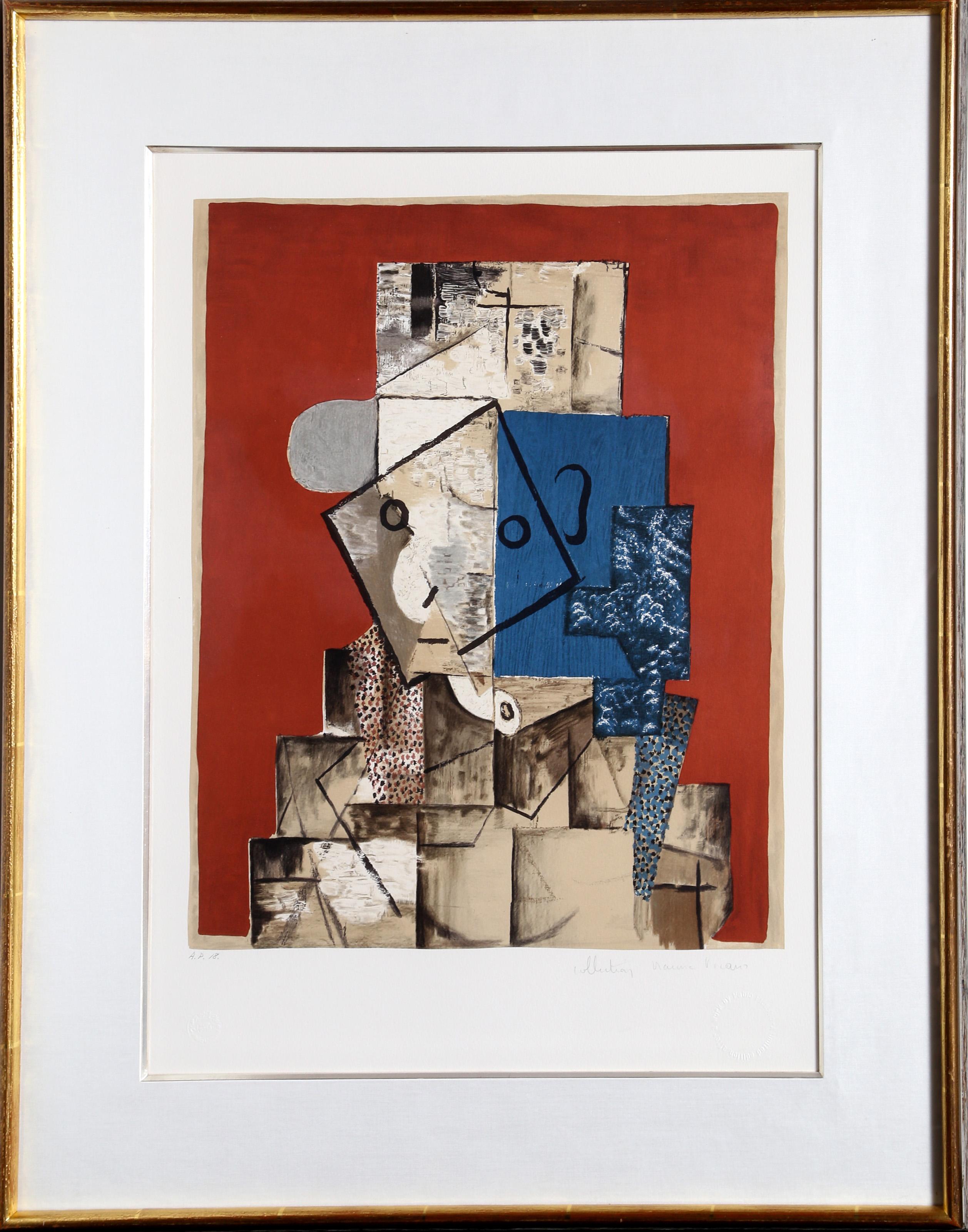 A lithograph from the Marina Picasso Estate Collection after the Pablo Picasso painting "Visage sur Fond Rouge".  The original painting was completed in 1914. In the 1970's after Picasso's death, Marina Picasso, his granddaughter, authorized the