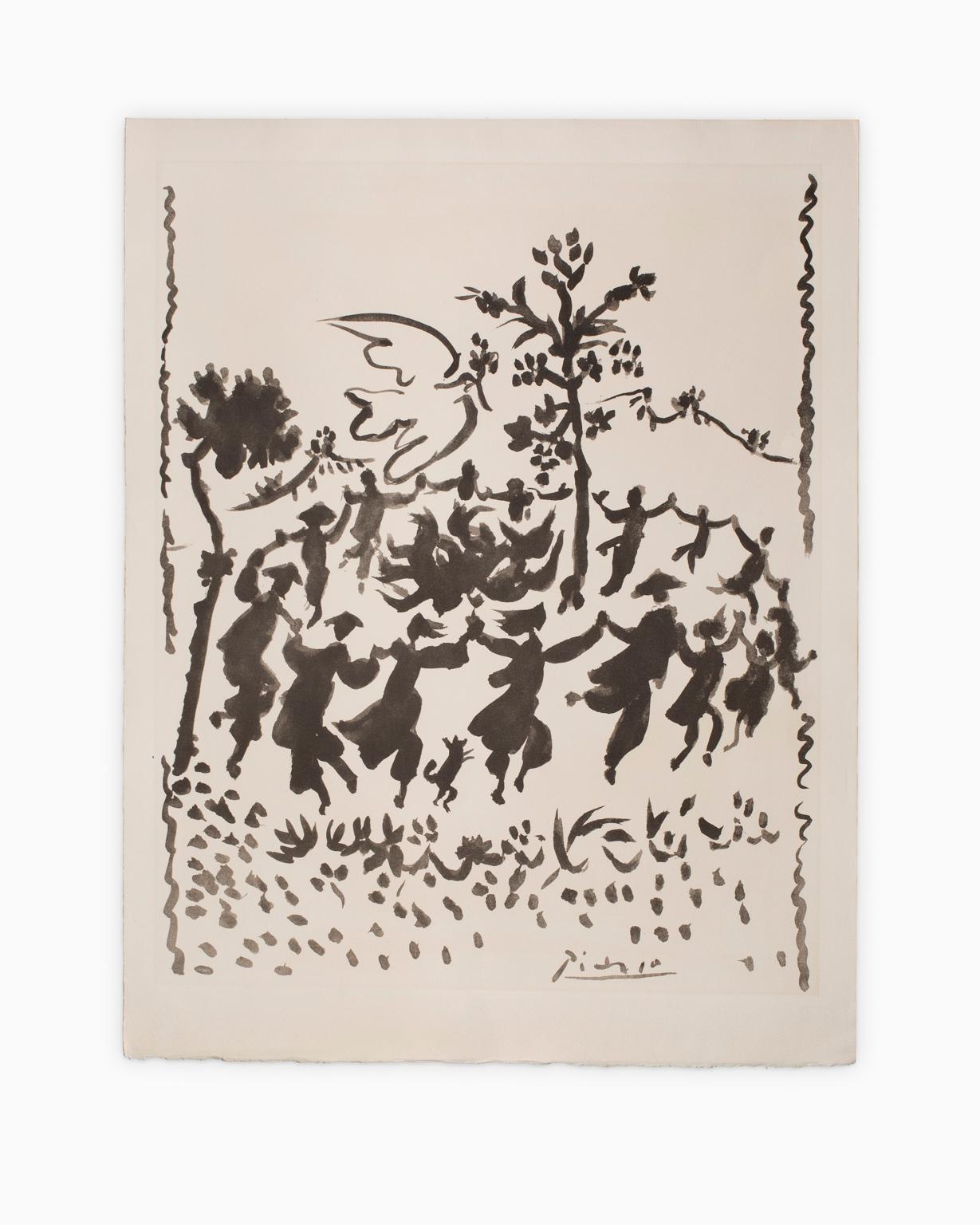 Pablo Picasso Figurative Print - "Vive le Paix (Long Live Peace)", Lithograph, Black on White, Dancing, Movement