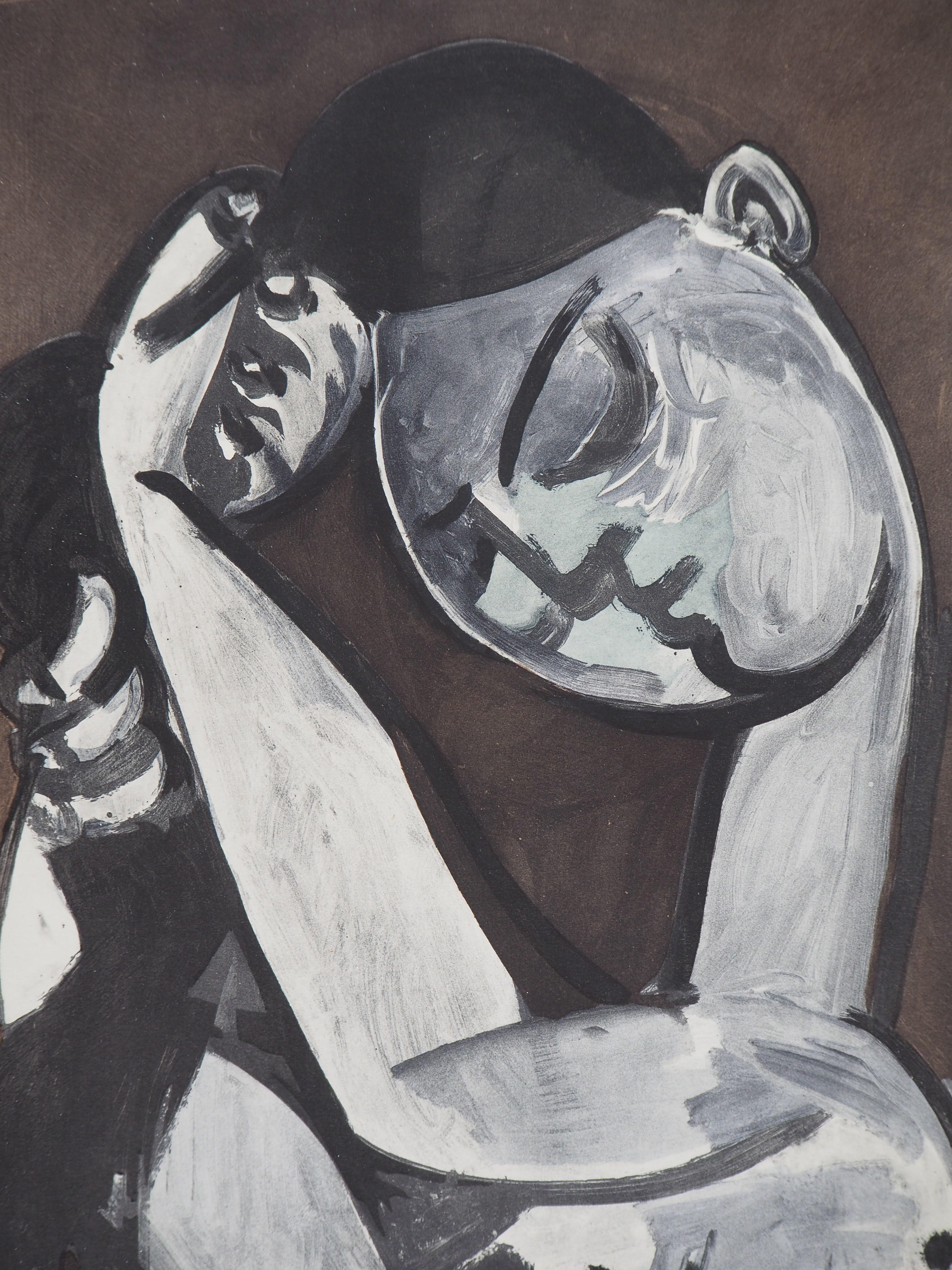 Woman Combing her Hair - Lithograph, Plate signed - 1956 - Black Portrait Print by Pablo Picasso