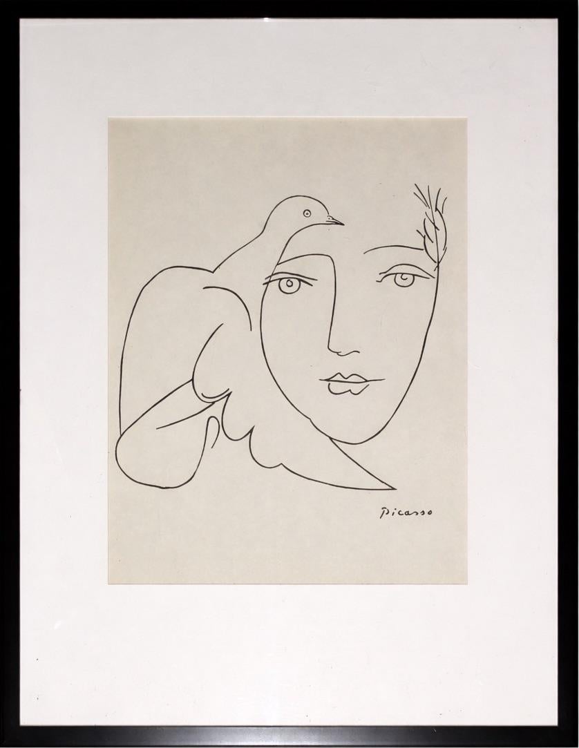 Pablo Picasso Portrait Print - Woman 
Dove; Picasso line art framed lithograph