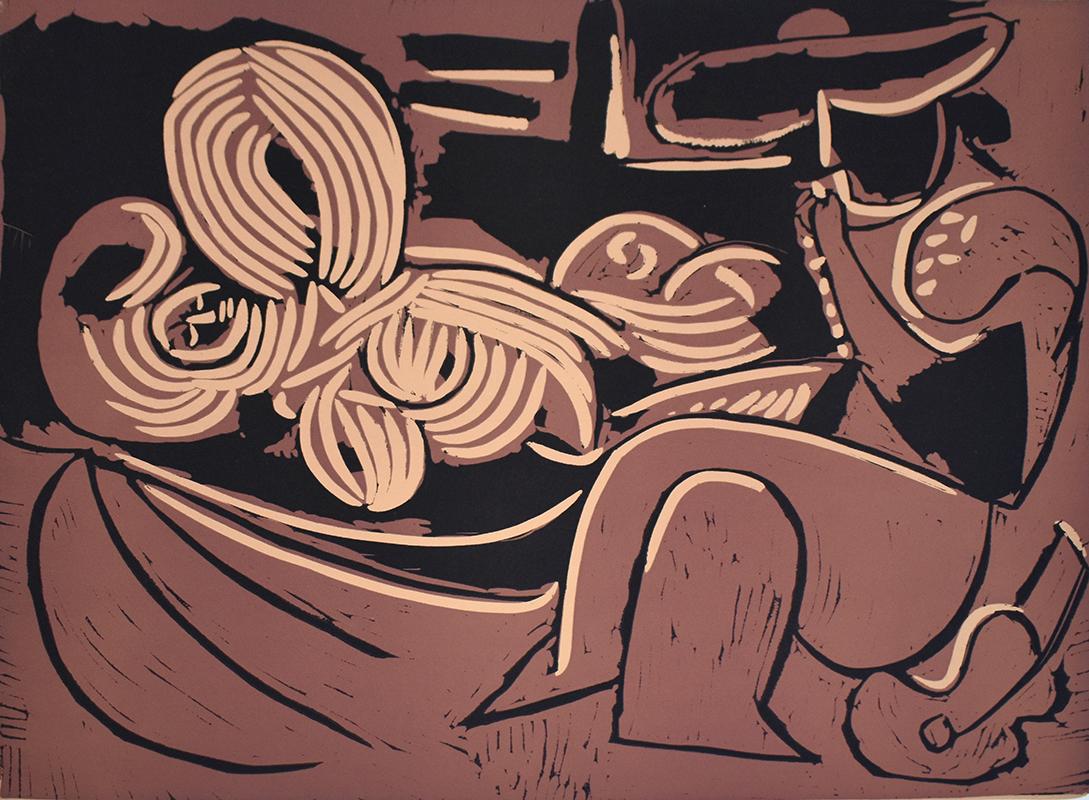 Woman Reclining and Man with a Guitar - Linocut - Spanish Art