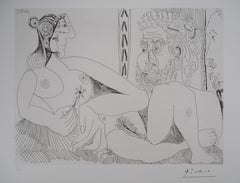 Woman with Flowers, Bearded Man & Degas - Original Etching, Signed (Bloch #1959)