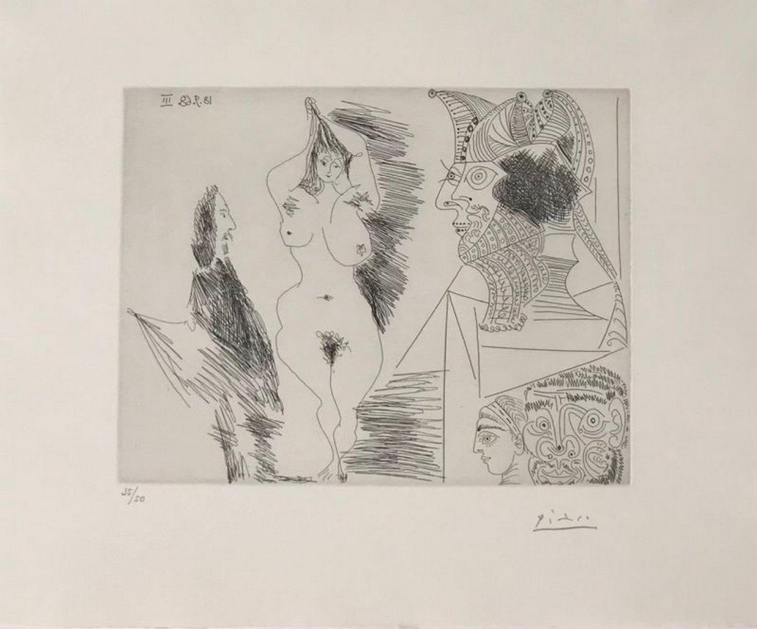 Pablo Picasso Abstract Print - Young woman and gentleman; Egyptian sculpture with painted base 
