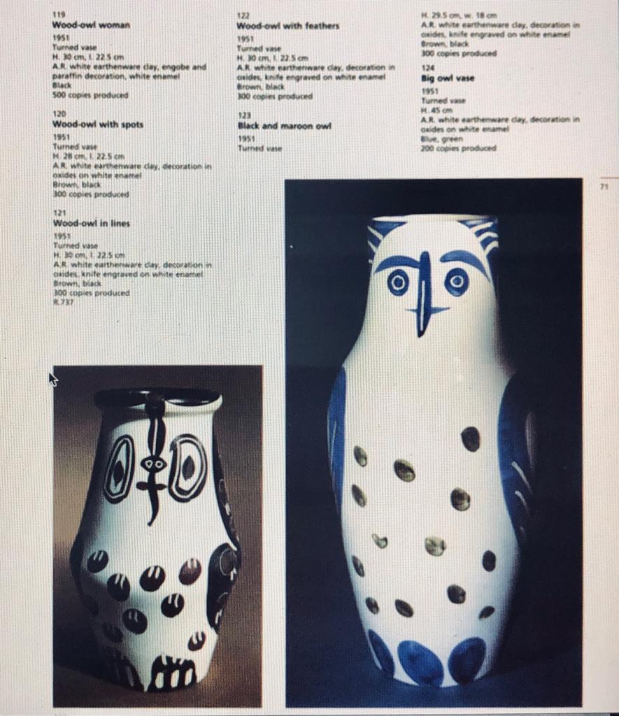 Black and maroon owl. 1951 turned vase.
H. 29.5 cm. W 18 cm.
A.R.white earthenware clay, decoration is oxides,knife engraved on white enamel Brown, black
300 copies produced

