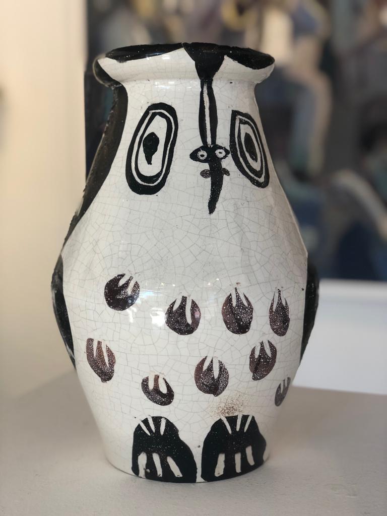 Pablo Picasso Figurative Sculpture - Black and maroon owl. 1951 turned vase. Ceramic