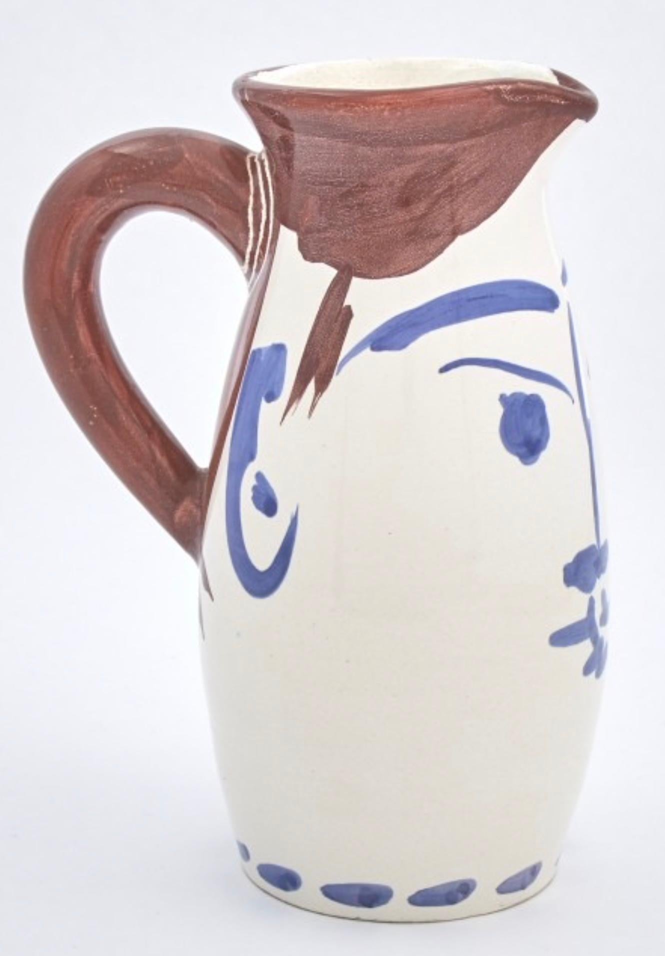 Chope Visage, Picasso, Pitcher, Edition, 1950's, Design, earthenware, Figurative

Chope Visage
Ed. 300 pcs
1959
Earthenware clay, decoration in engobes, glaze inside
H. 21.9 cm
Stamp indented and marked under the base : Madoura Plein Feu; Edition