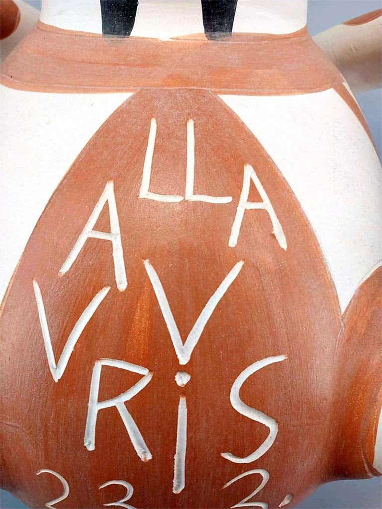 Created in 1953, this Madoura big turned vase of white earthenware clay with decoration in engobes and paraffin (red, black), knife engraved is numbered from the edition of 75. This Picasso ceramic vase is stamped with the 'MADOURA PLEIN FEU' and