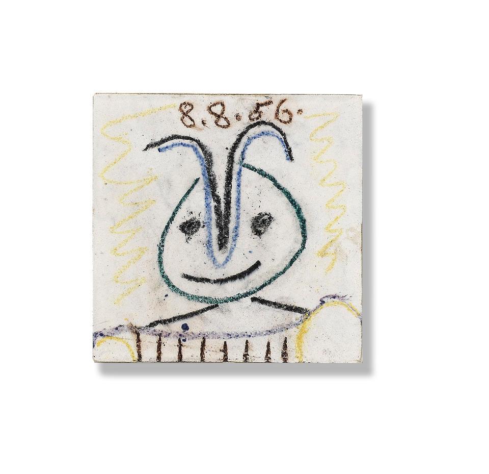 Tête de Faune, Pablo Picasso, Einzelstück, Design, Terracotta, fliese, Mythologie

Tête de faune
Einzigartige Arbeit
08.08.1956
Bemalte und glasierte Terrakottafliesen
10,5 x 10,5 cm
21,5 x 21,5 cm (mit Rahmen)
Datiert oben Mitte : 8.8.56
Von Claude