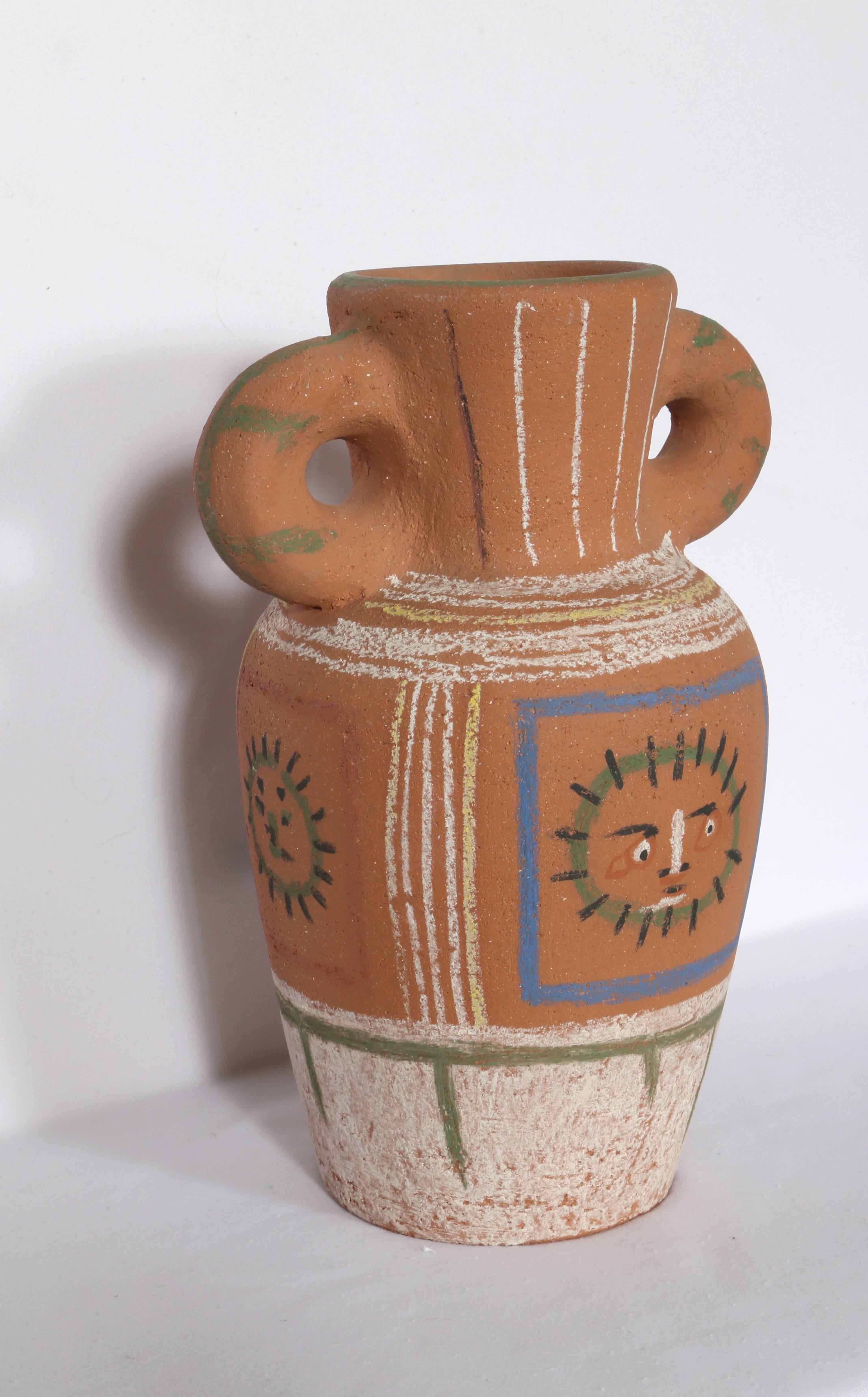 Artist: Pablo Picasso, Spanish (1881 - 1973)
Title: Vase avec decoration pastel (Vase with Pastel Decorations), [Ramie 190]
Year: 1953
Medium: Chamotted red earthenware clay, pastel decoration, stamped and numbered on bottom
Edition: 126/200
Size: