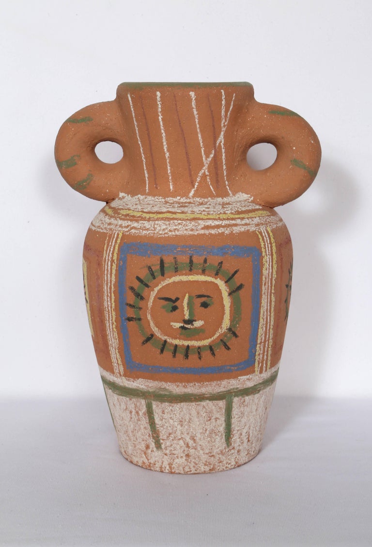 Artist: Pablo Picasso, Spanish (1881 - 1973)
Title: Vase avec decoration pastel (Vase with Pastel Decorations), [Ramie 190]
Year: 1953
Medium: Chamotted red earthenware clay, pastel decoration, stamped and numbered on bottom
Edition: 126/200
Size: