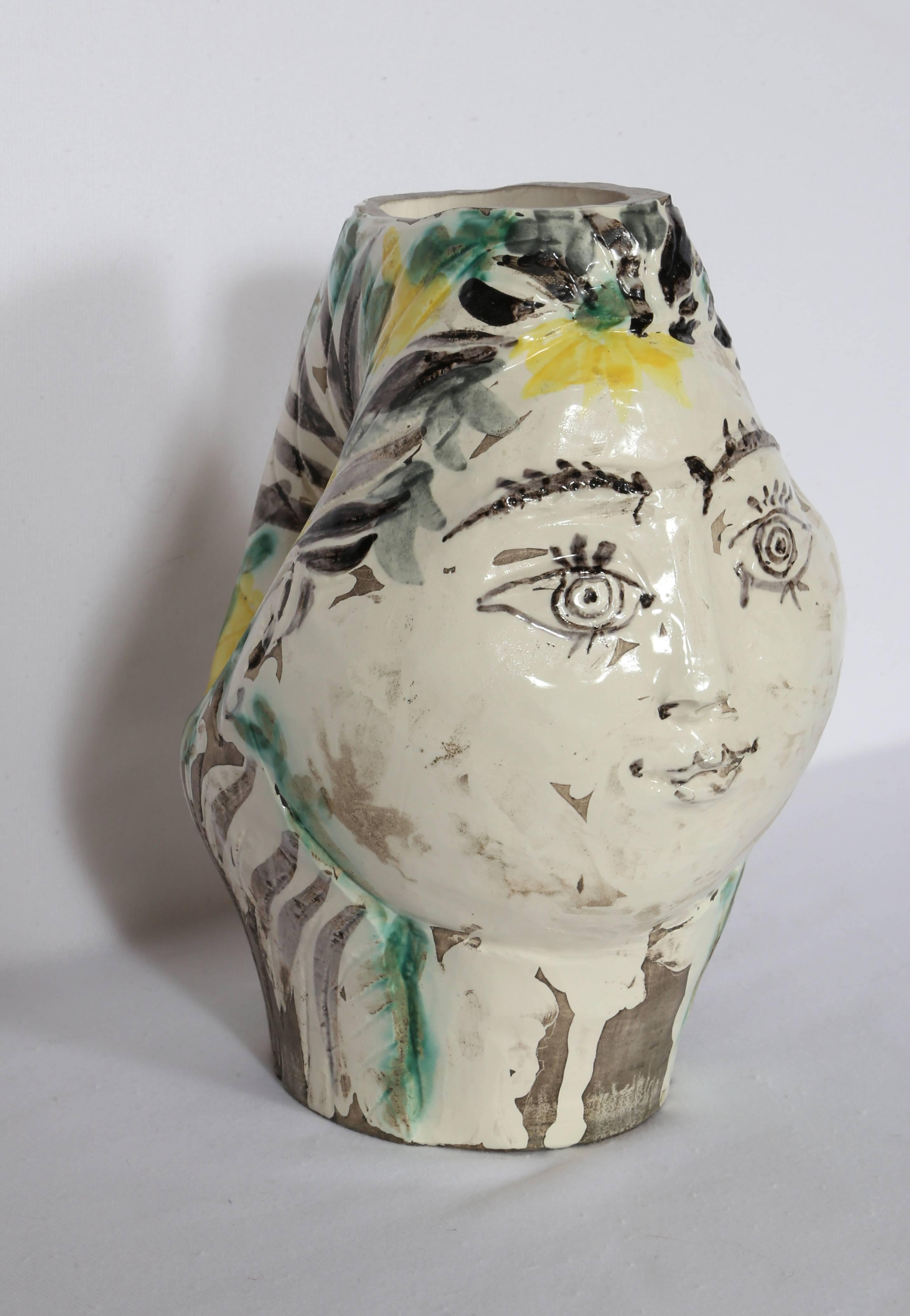 Woman's Head, Decorated with Flowers, Ceramic by Pablo Picasso 1954 For Sale 1