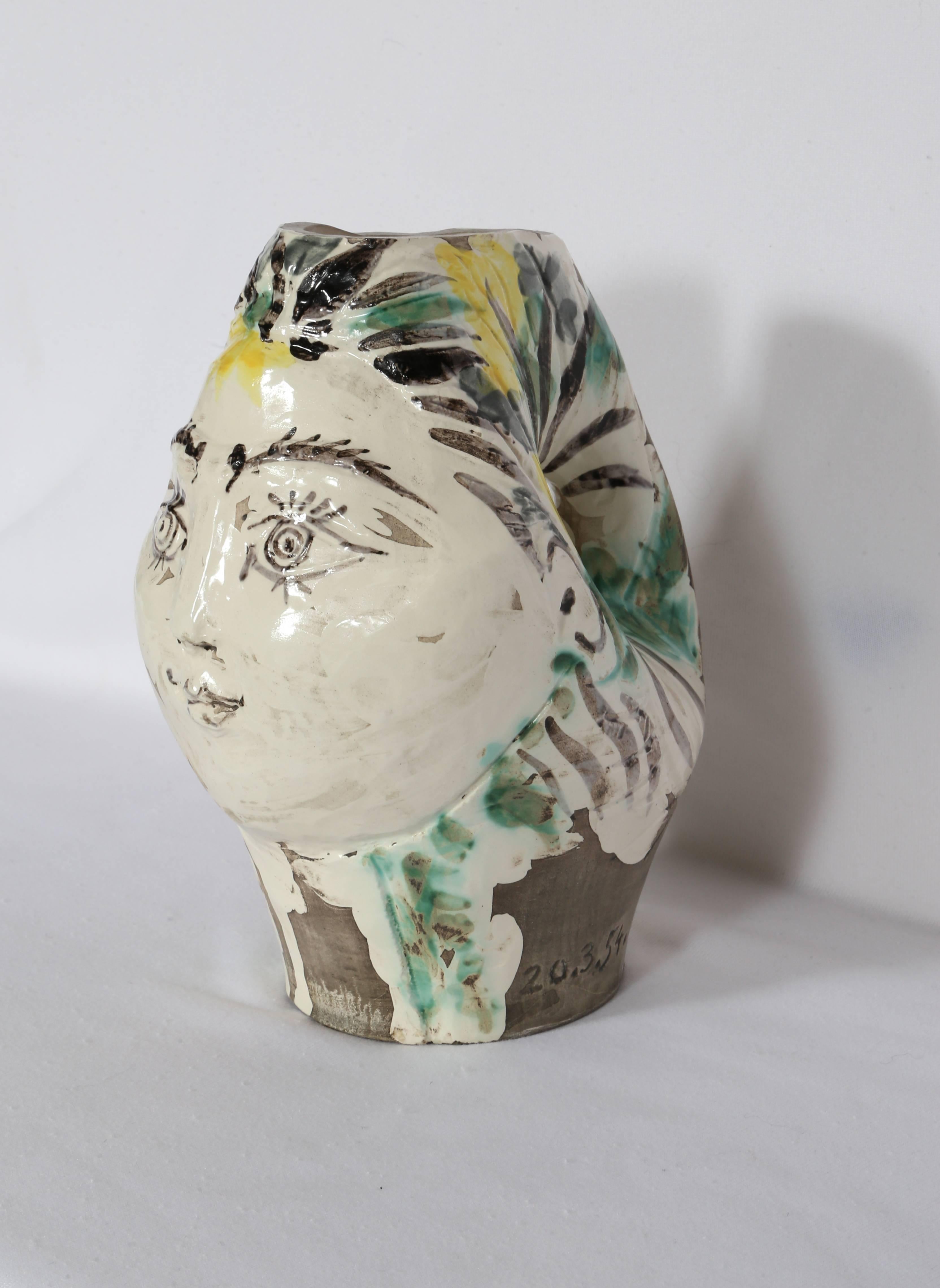 Woman's Head, Decorated with Flowers, Ceramic by Pablo Picasso 1954 For Sale 2