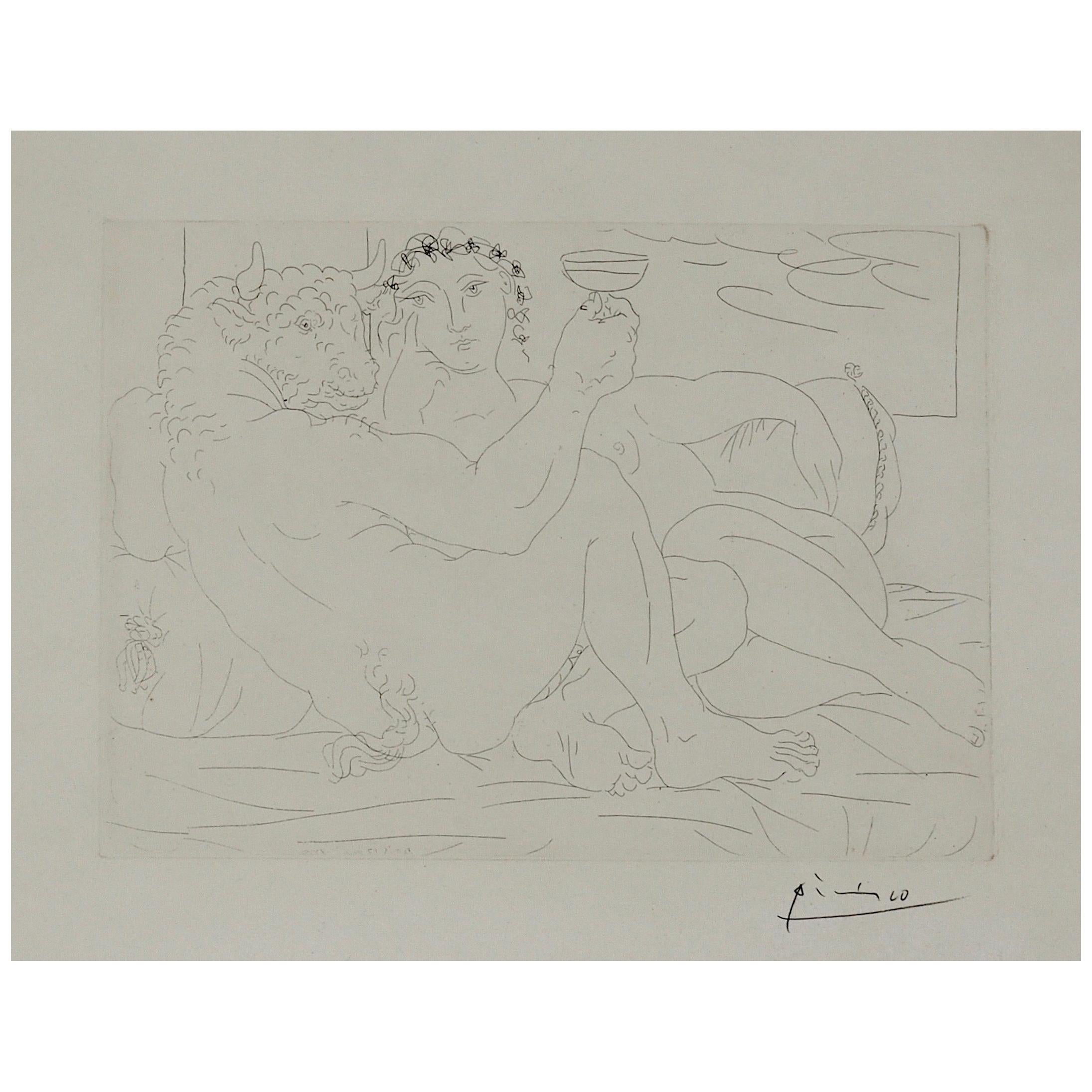 French Pablo Picasso Signed Etching, Minotaure une Coupe à la Main et Jeune Femme, 1933