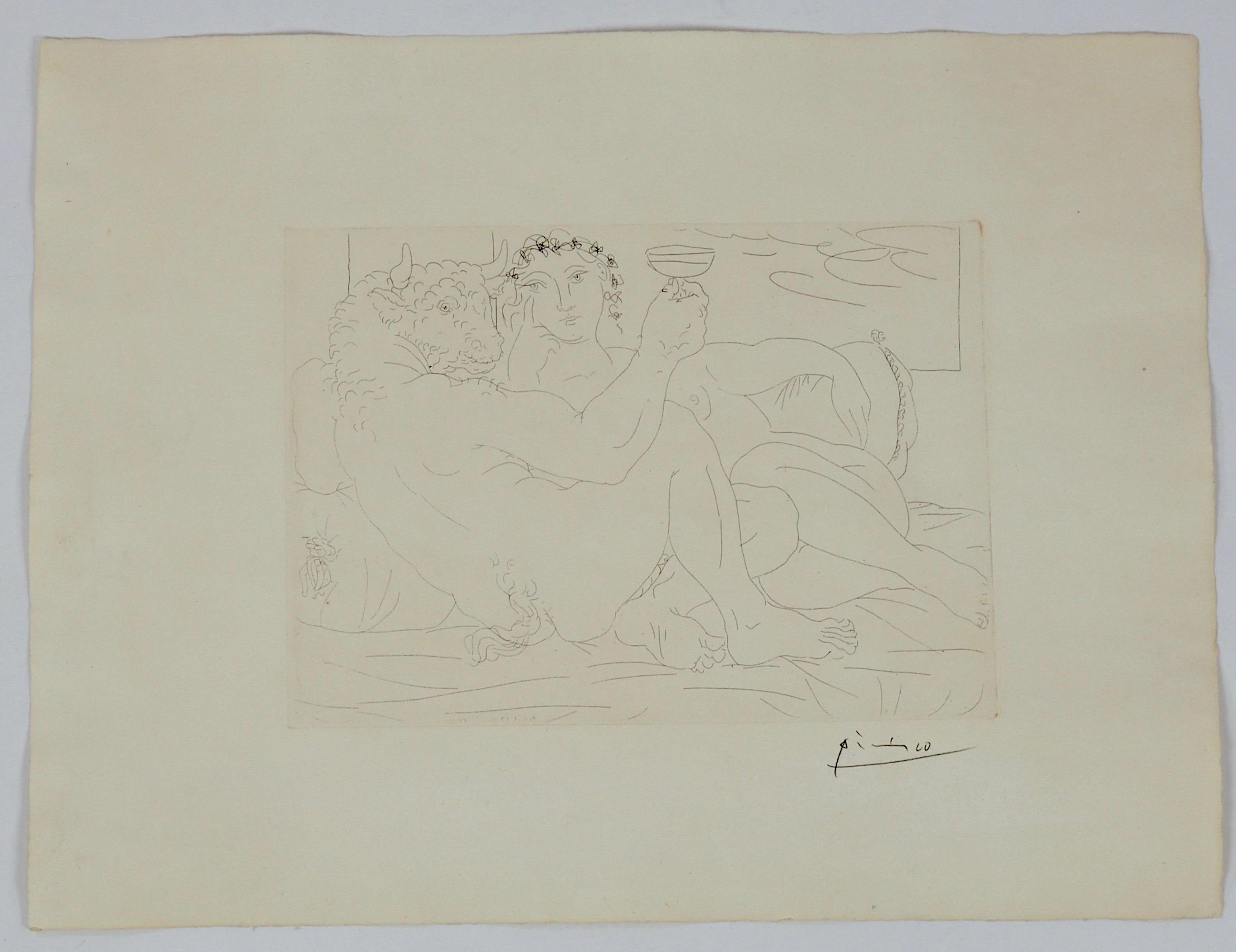 Pablo Picasso Signed Etching, Minotaure une Coupe à la Main et Jeune Femme, 1933 In Good Condition In CA, CA