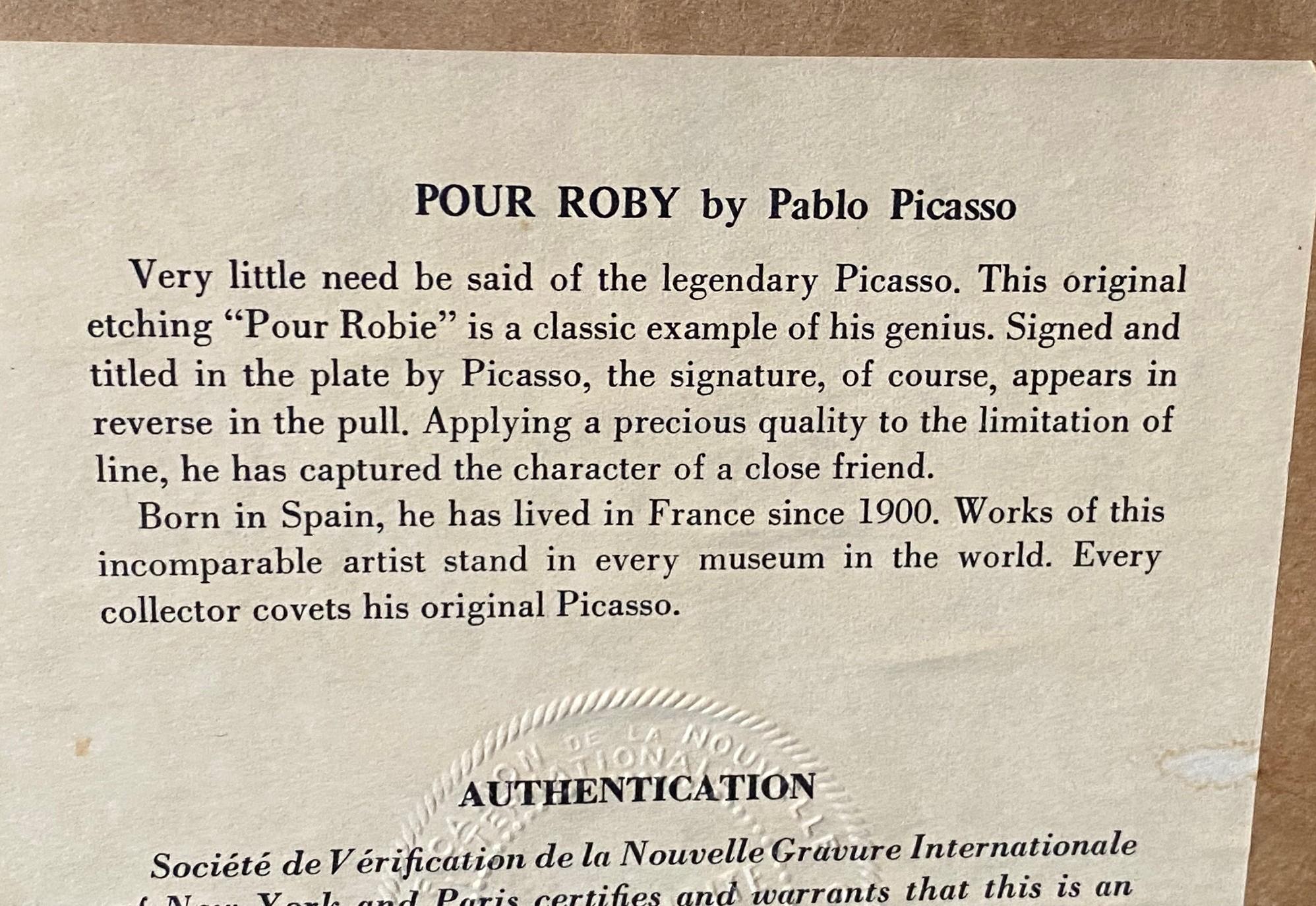 Grabado al aguafuerte de mediados de siglo firmado por Pablo Picasso Pour Roby (L'Age de Soleil), 1968 en venta 11