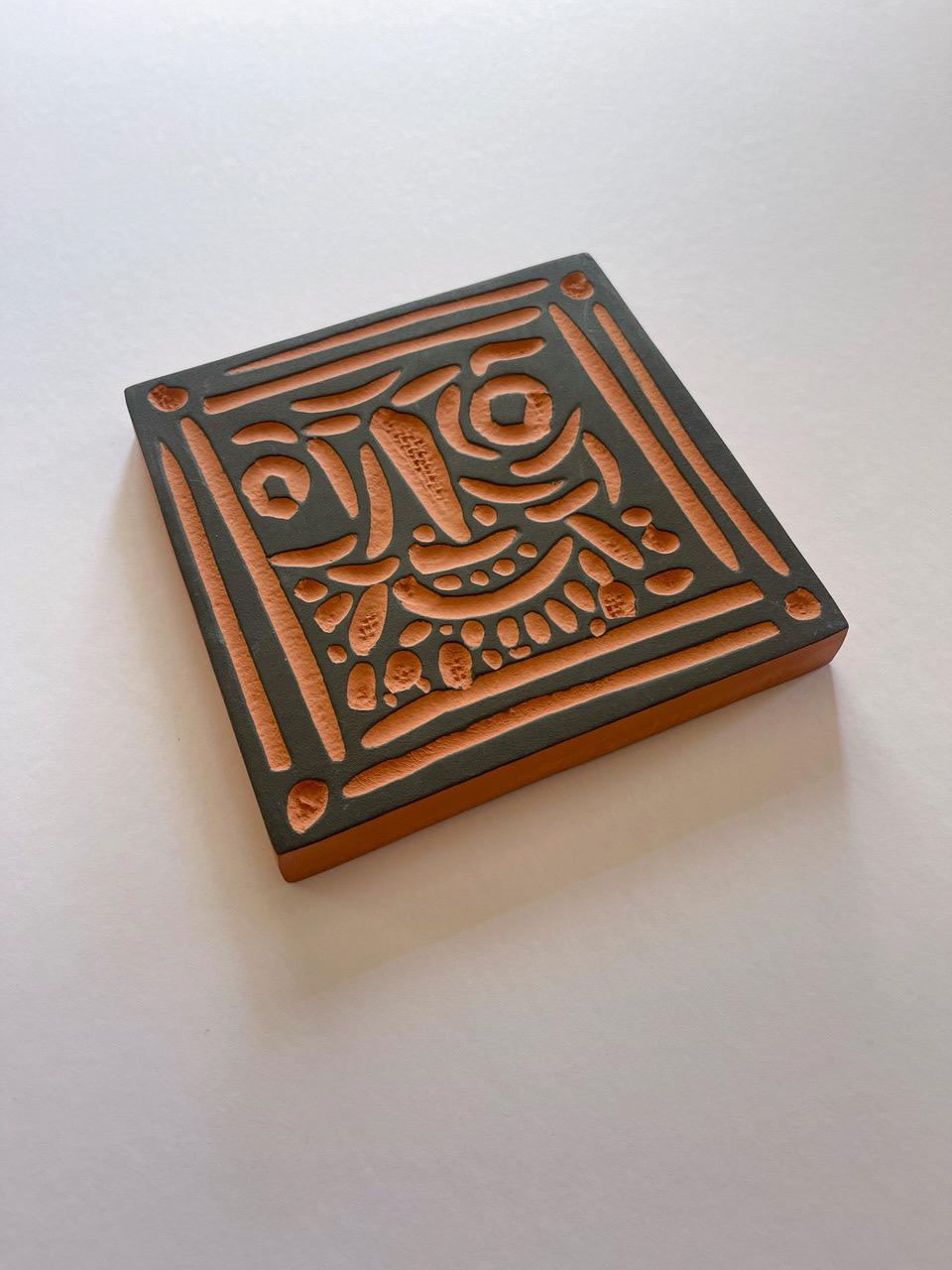Mid-Century Modern Pablo Picasso Tile Little Bearded Face Madoura Ceramic Square Tile 1968 For Sale