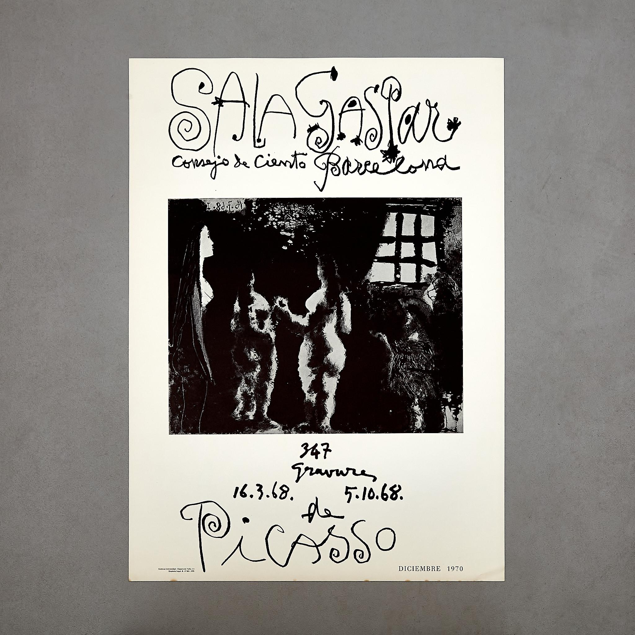 Tauchen Sie ein in die fesselnde Welt von Pablo Picasso mit diesem lithografischen Ausstellungsplakat. Dieses in Spanien hergestellte und in Barcelona um 1968 gedruckte Plakat zeigt die Ausstellung des berühmten Künstlers in der renommierten Galerie