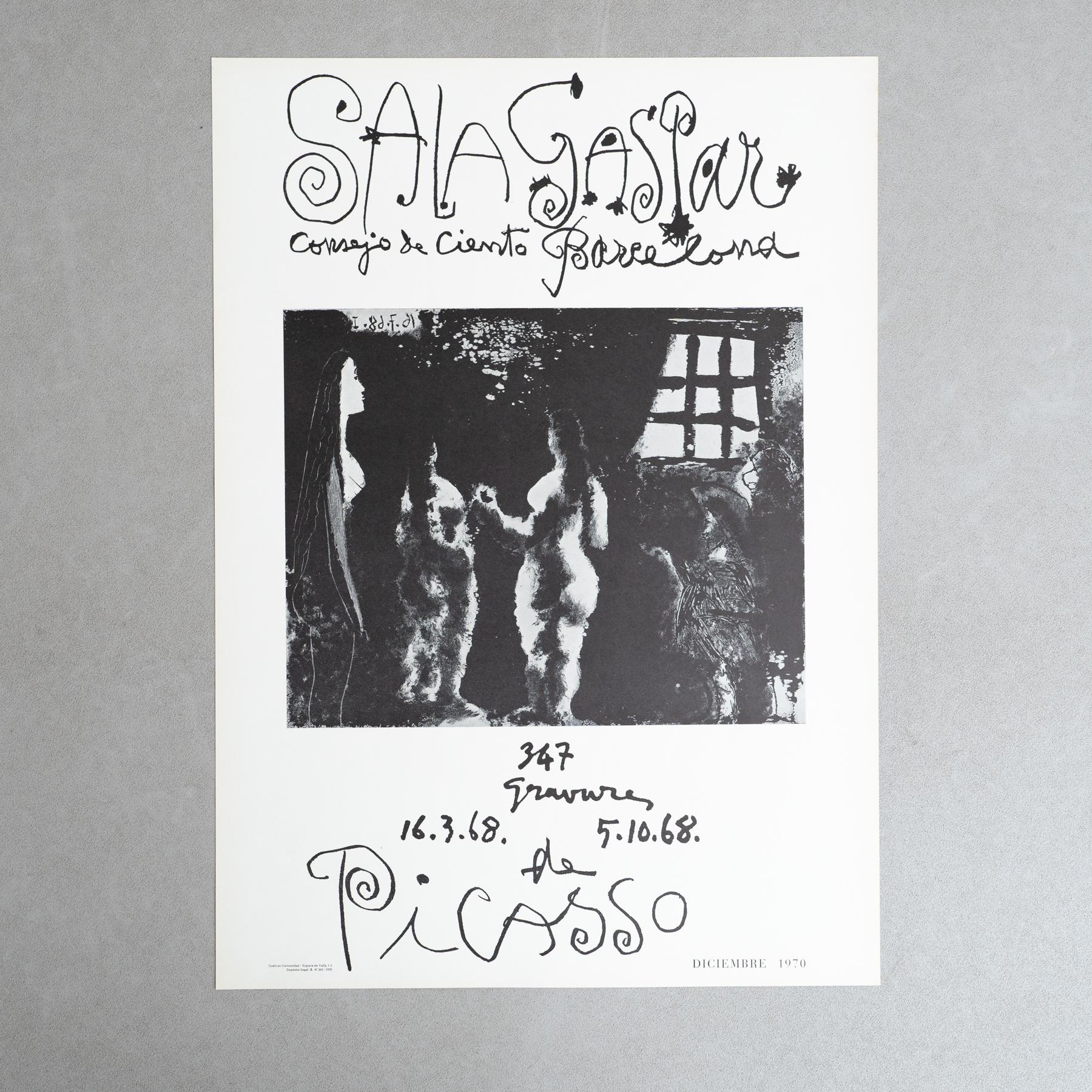 Step into the captivating world of Pablo Picasso with this vintage exhibition lithographic poster. Manufactured in Spain and printed in Barcelona circa 1968, this poster showcases the iconic artist's exhibition at the renowned Gallery 