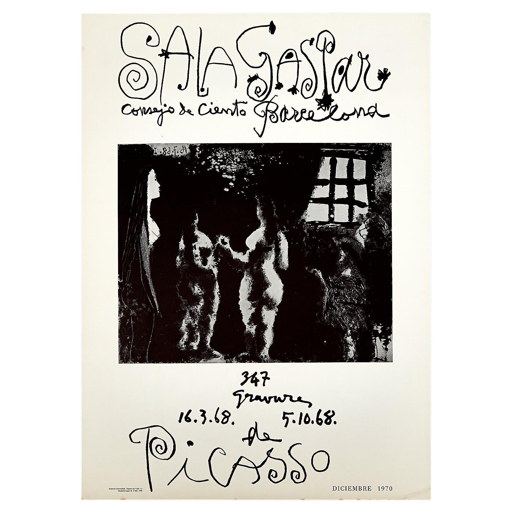 Pablo Picasso Affiche d'exposition lithographique vintage en noir et blanc, 1968