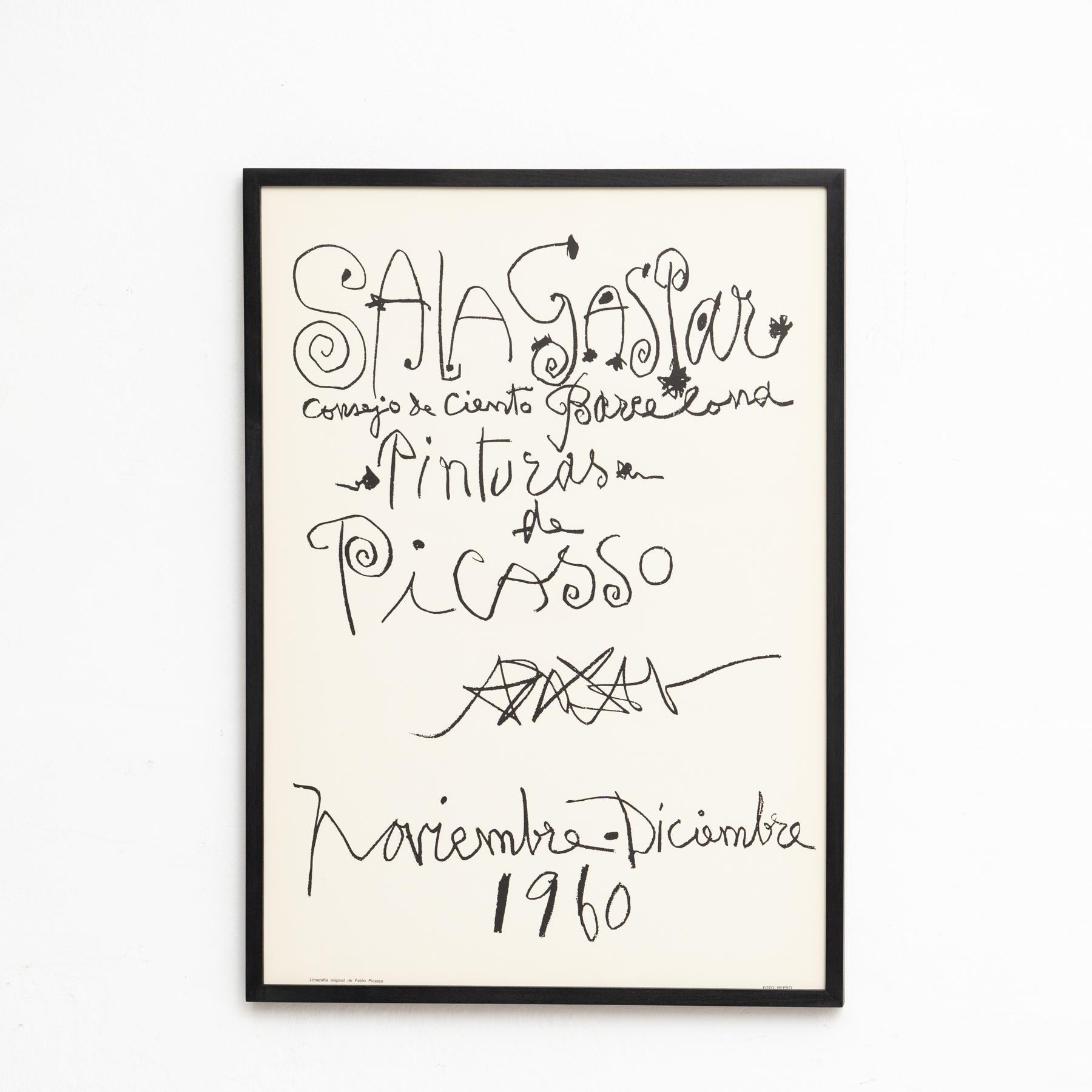 Affiche d'exposition vintage encadrée pour Pablo Picaso. Affiche de son exposition à la Gallery (a) Gallery Gaspar à Barcelone.

Encadrement en bois laqué noir réalisé par un artisan de Barcelone. 

Fabriqué en Espagne, imprimé à Barcelone vers