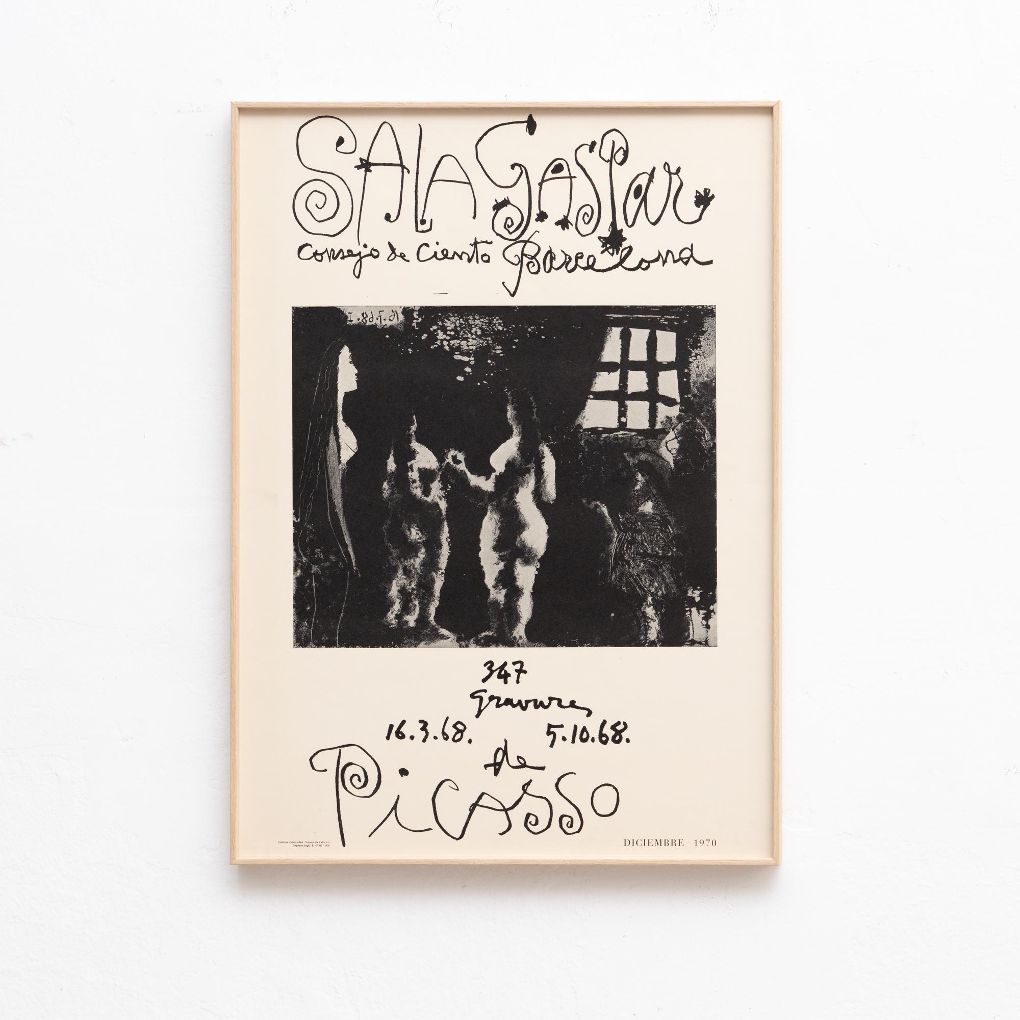 Step into the captivating world of Pablo Picasso with this framed vintage exhibition lithographic poster. Manufactured in Spain and printed in Barcelona circa 1968, this poster showcases the iconic artist's exhibition at the renowned Gallery 