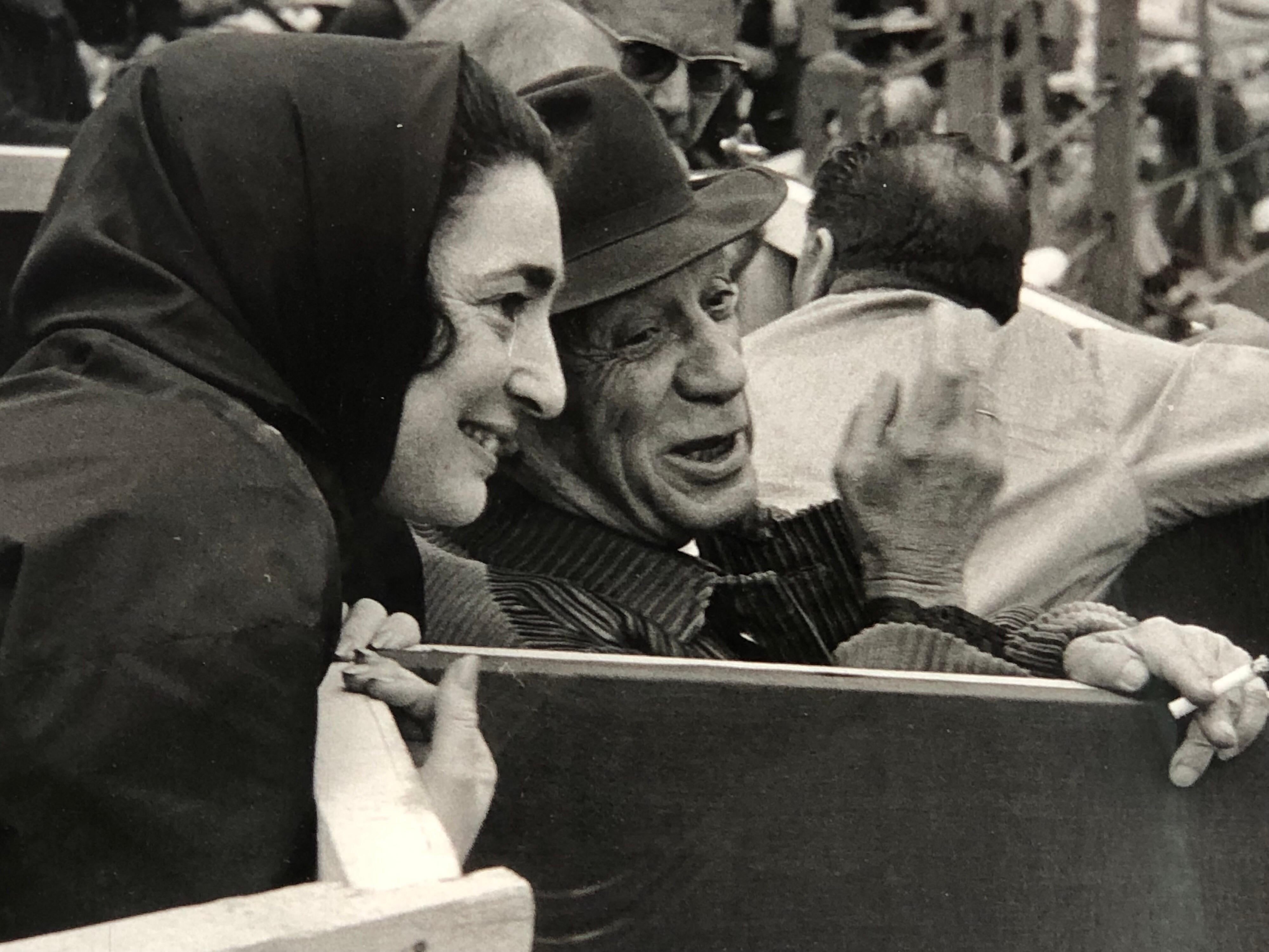 French Pablo Picasso with His Wife Jacqueline at Bullfight in Frejus, France, 1957