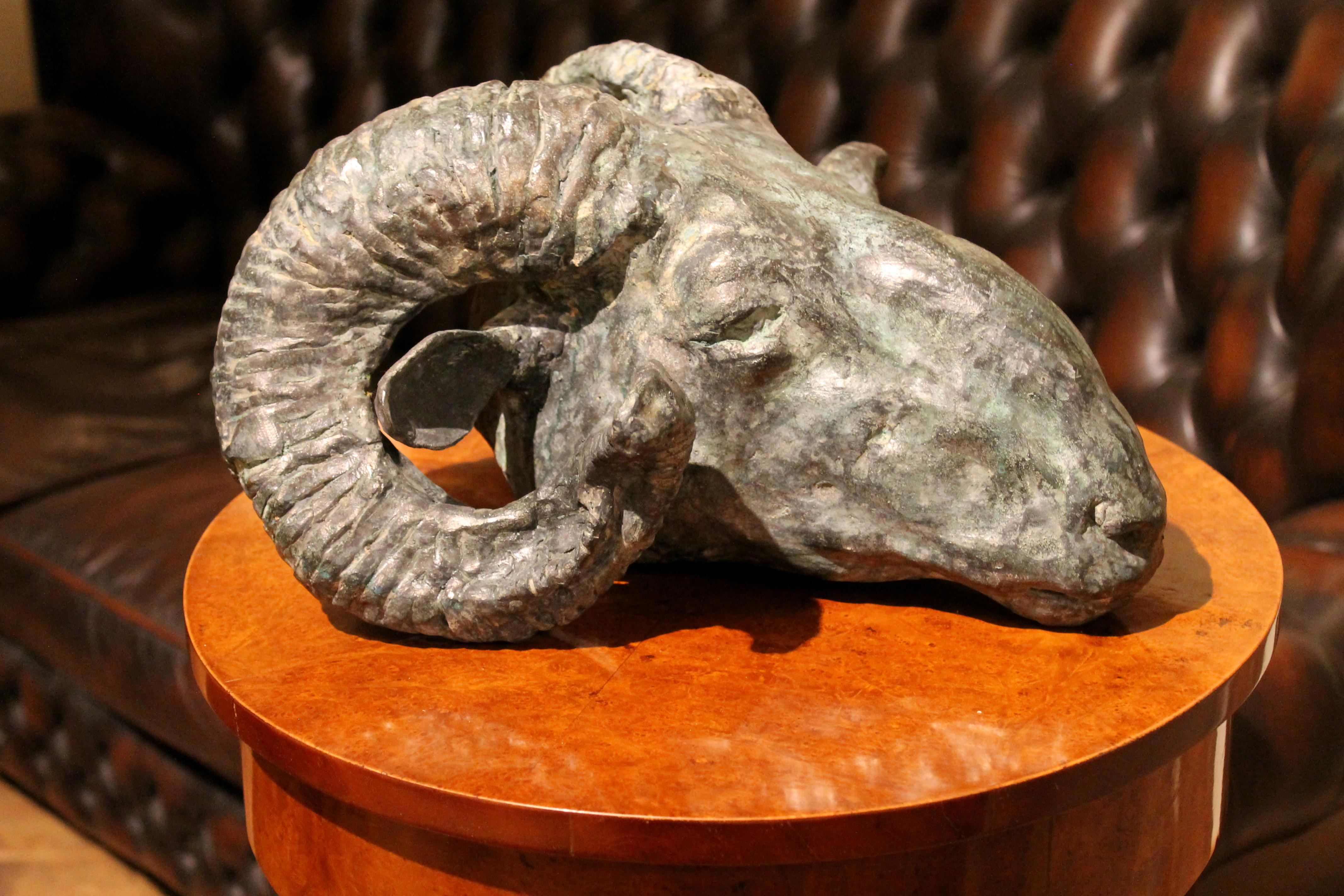 Zeitgenössische Widderkopf-Bronze-Skulptur aus Wachsausschmelzverfahren mit grüner Patina im Angebot 9