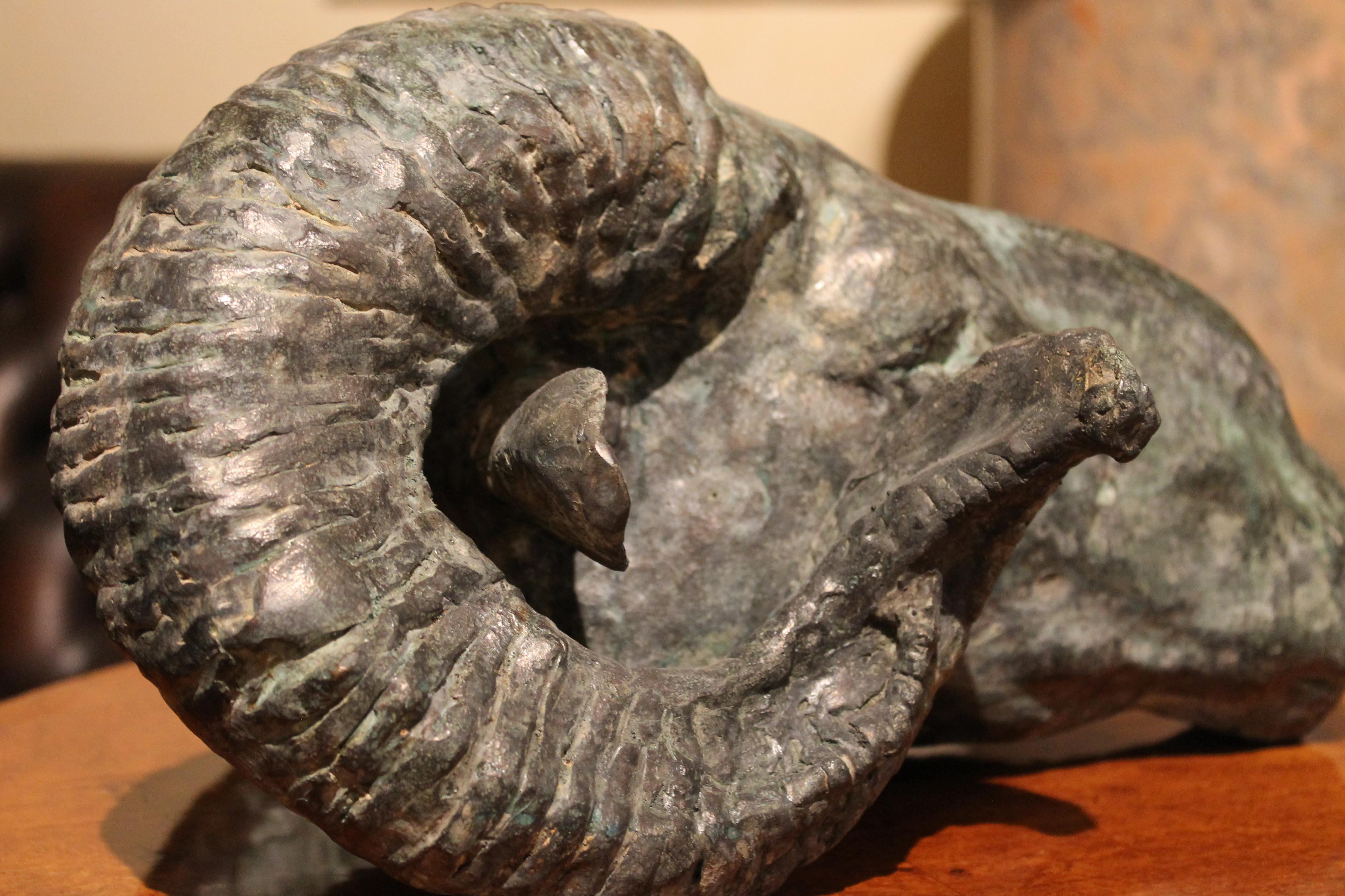 Zeitgenössische Widderkopf-Bronze-Skulptur aus Wachsausschmelzverfahren mit grüner Patina im Angebot 10