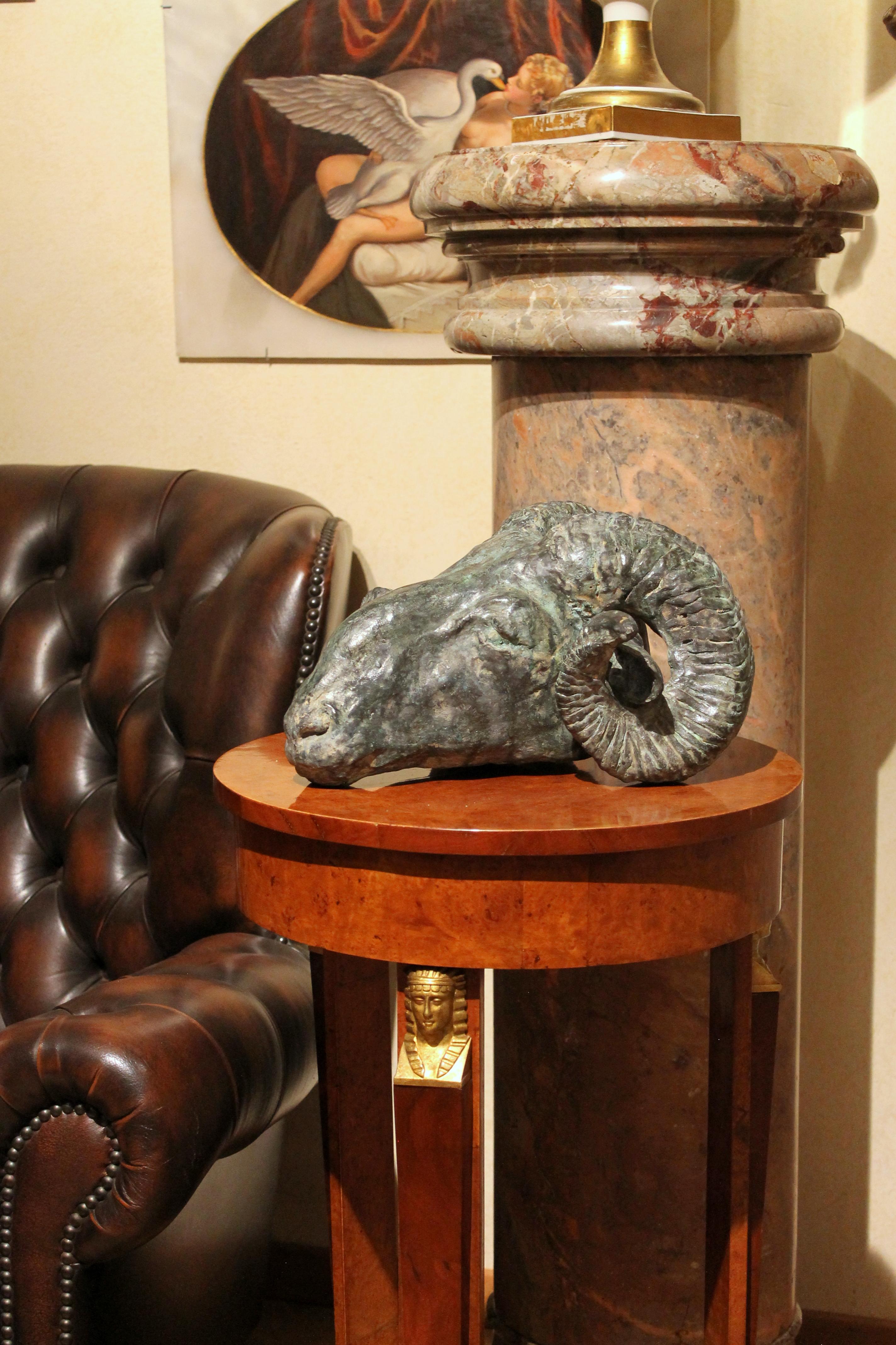 Contemporary Ram's Head Bronze Sculpture Lost Wax Casting Technique Green Patina For Sale 9