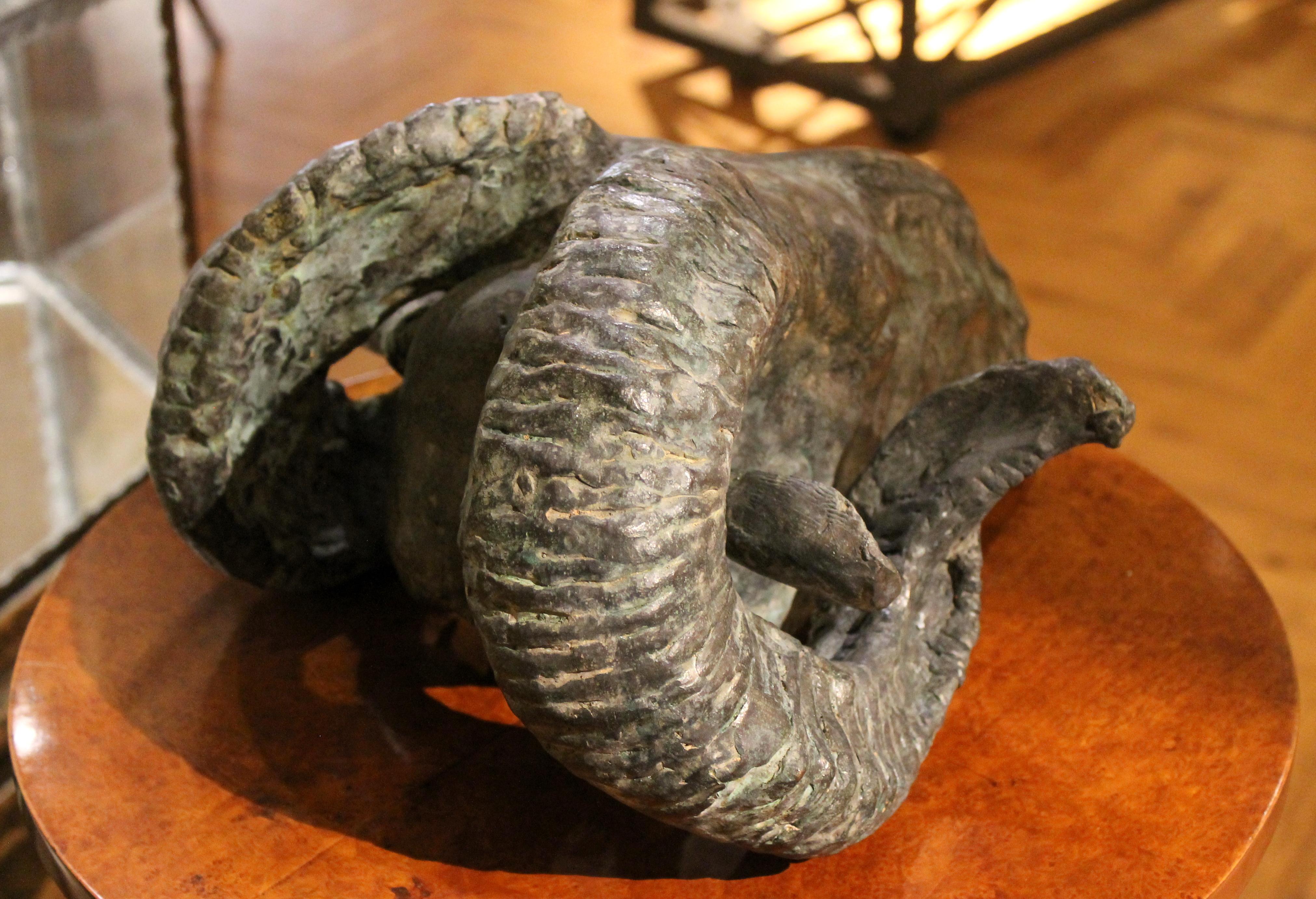 Contemporary Ram's Head Bronze Sculpture Lost Wax Casting Technique Green Patina For Sale 1
