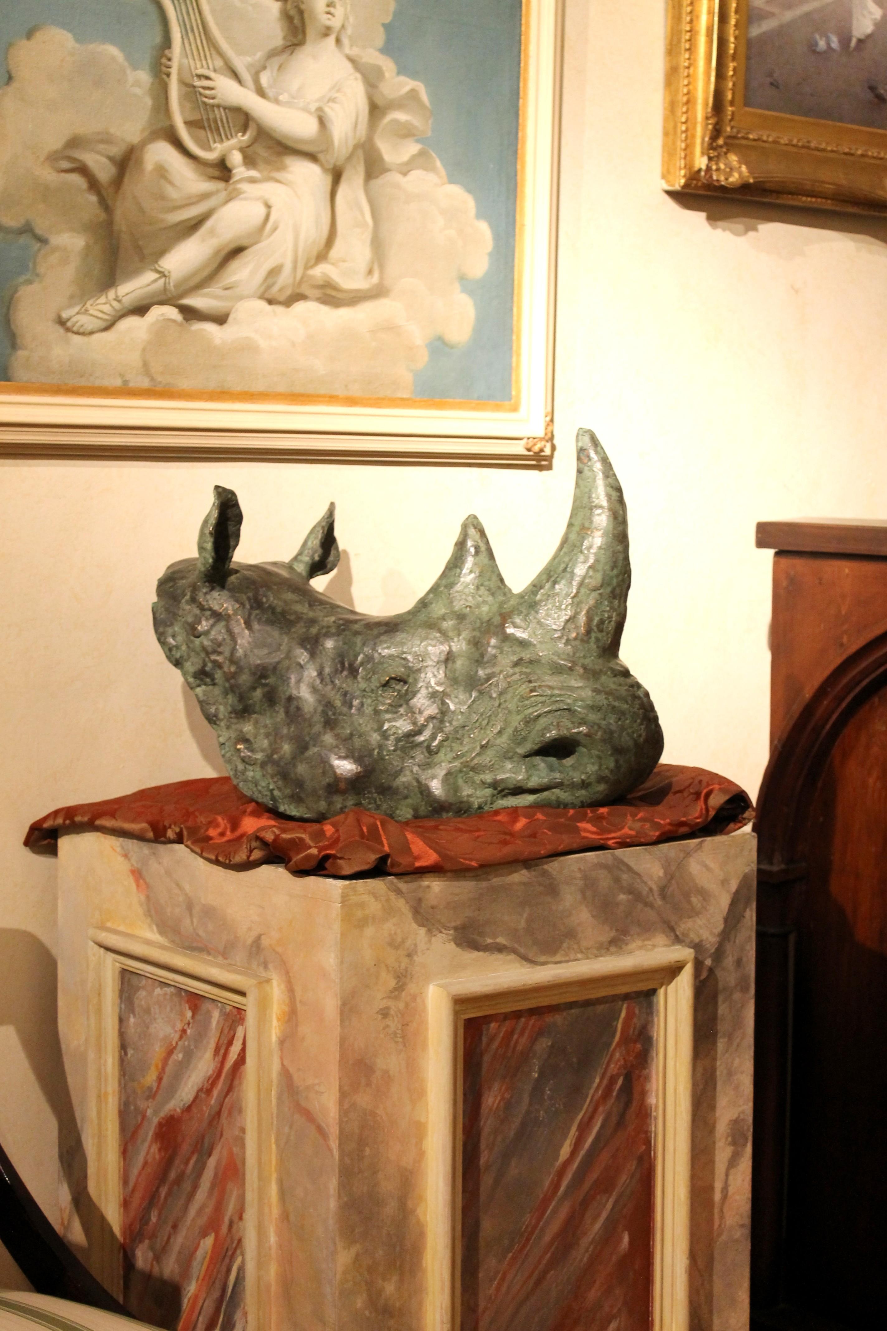 Contemporary Rhino Trophy Head Bronze Wall Sculpture with Green Patina Finish - Gold Figurative Sculpture by Pablo Simunovic