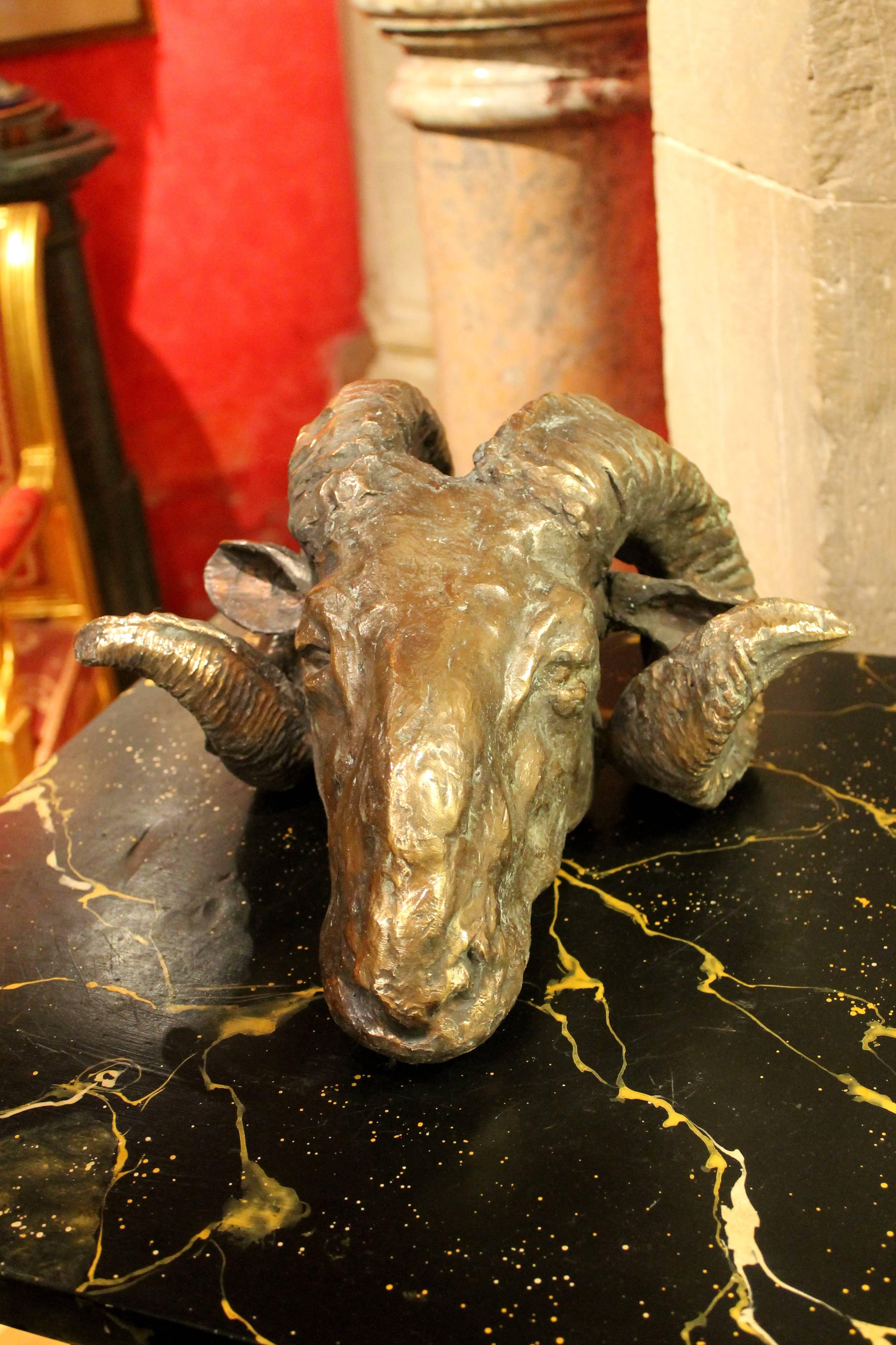 Italian Contemporary Ram's Head Bronze Sculpture Lost Wax Casting Technique Green Patina