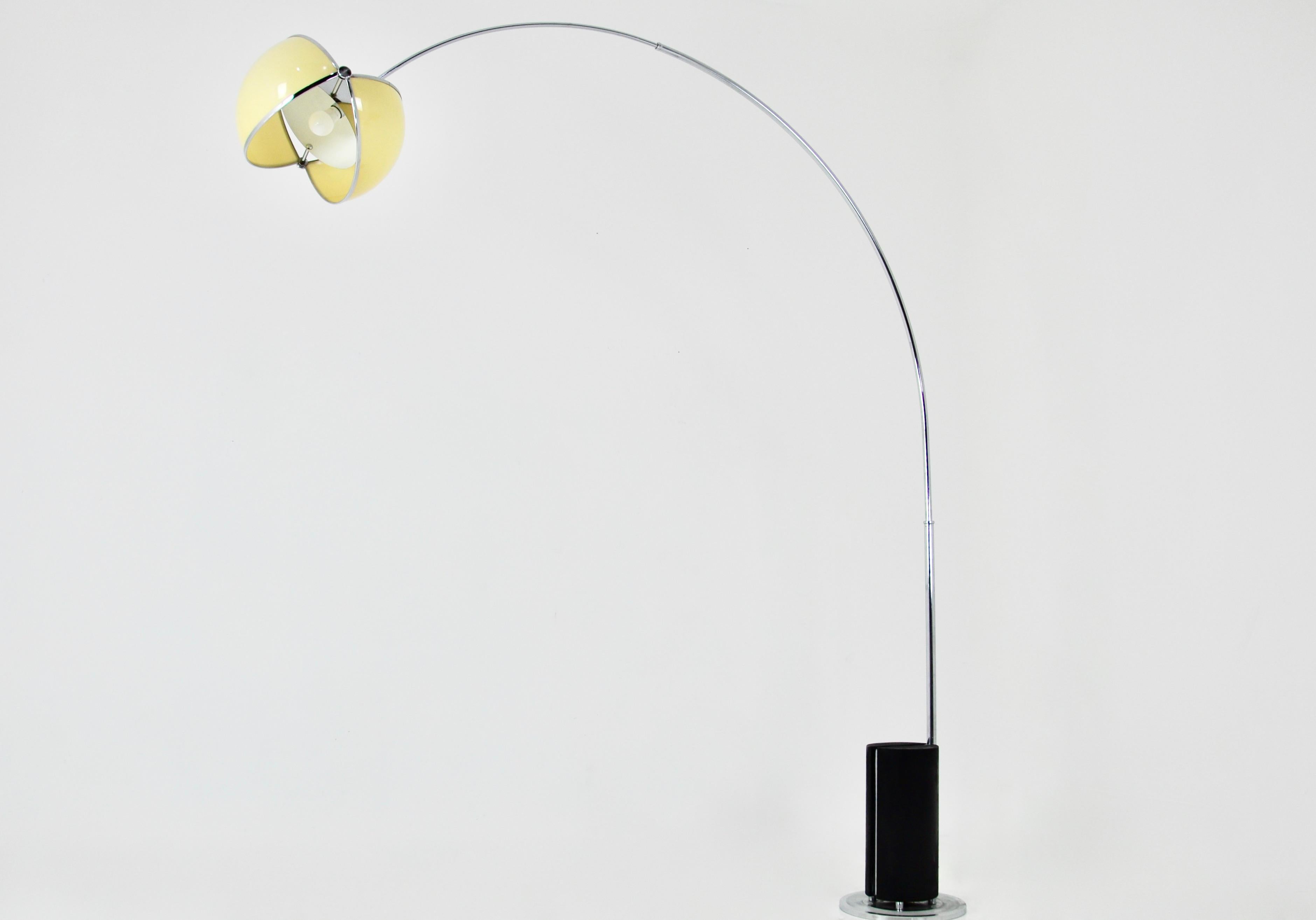 Arco metal floor lamp by superstudio, the plastic globe is shaped like a pac man. Wear due to time and age of the lamp.
