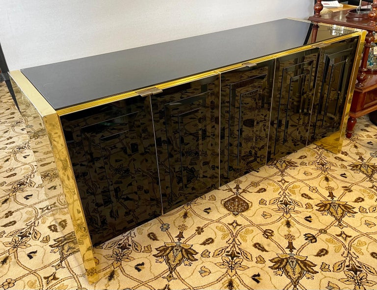 Pace Black Glass and Gold Chrome Credenza Buffet Bar Sideboard Cabinet In Good Condition For Sale In West Hartford, CT