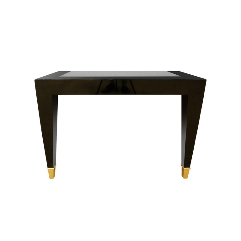 Pace Black Lacquer Console Table with Inset Granite Top and Brass