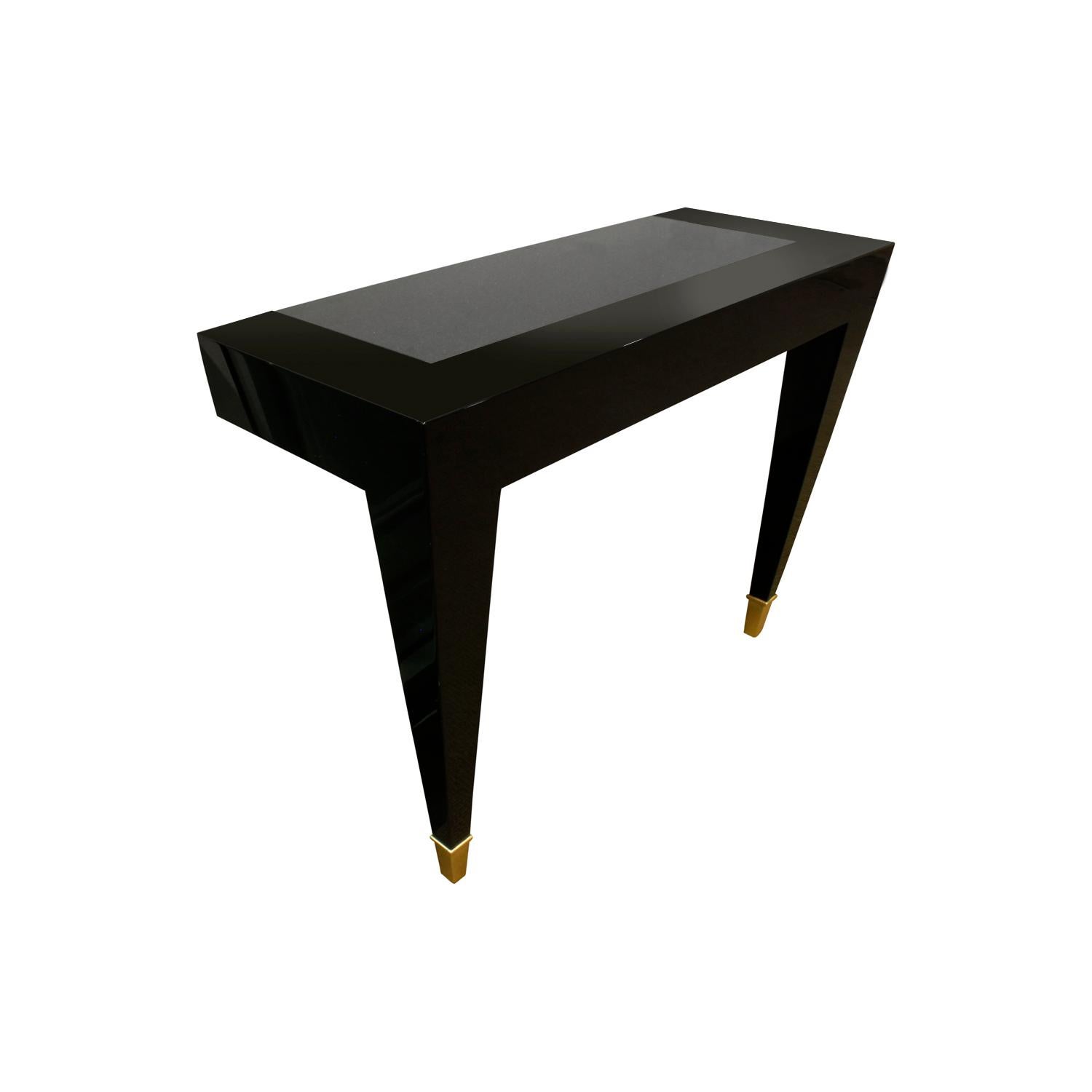 Mid-Century Modern Pace Black Lacquer Console Table with Inset Granite Top and Brass Sabots, 1980s For Sale