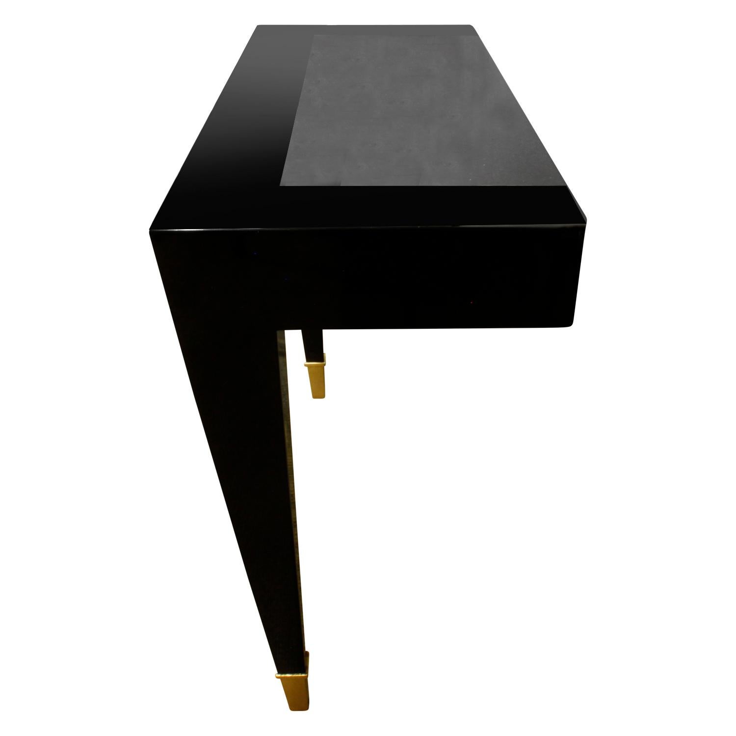 American Pace Black Lacquer Console Table with Inset Granite Top and Brass Sabots, 1980s For Sale