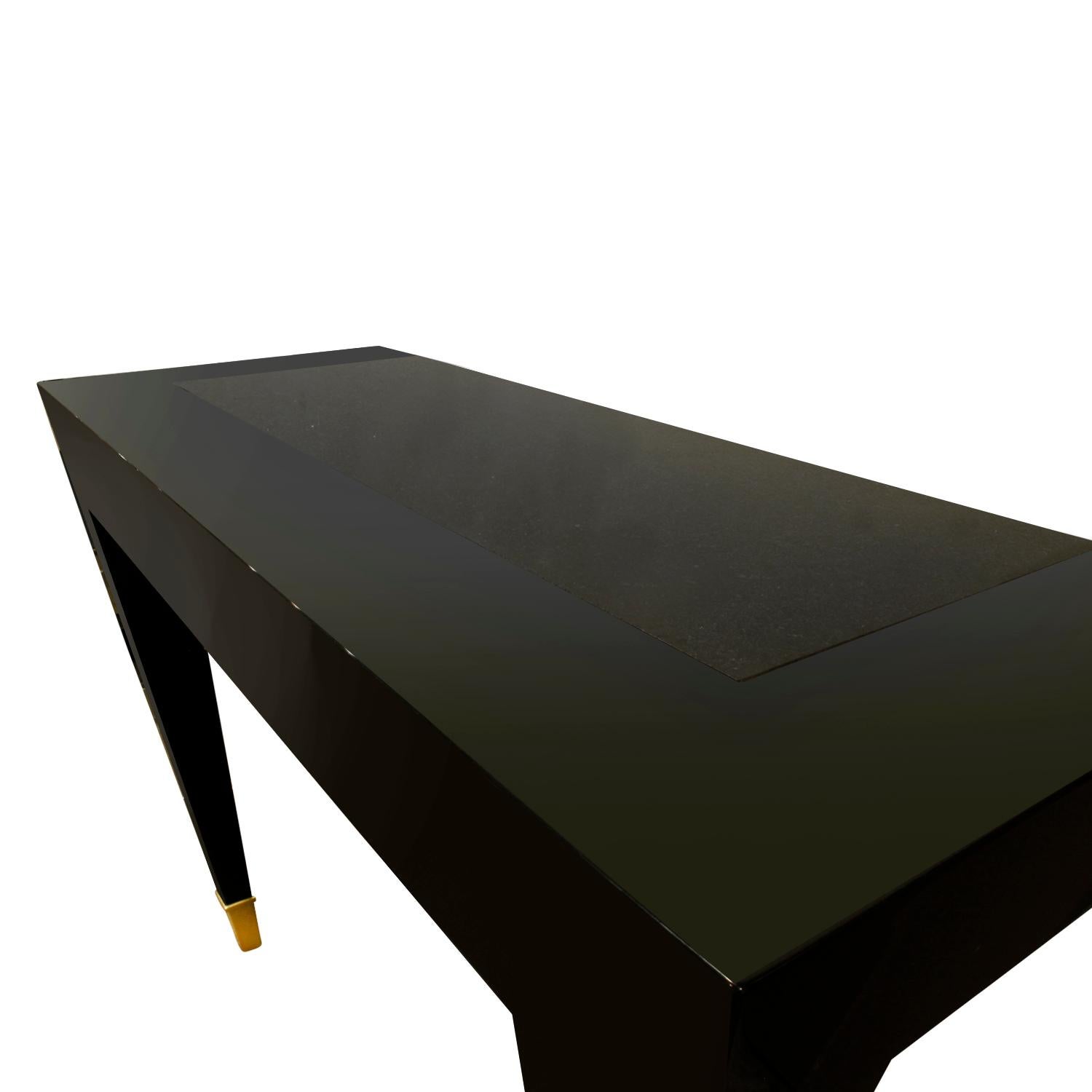 Hand-Crafted Pace Black Lacquer Console Table with Inset Granite Top and Brass Sabots, 1980s For Sale