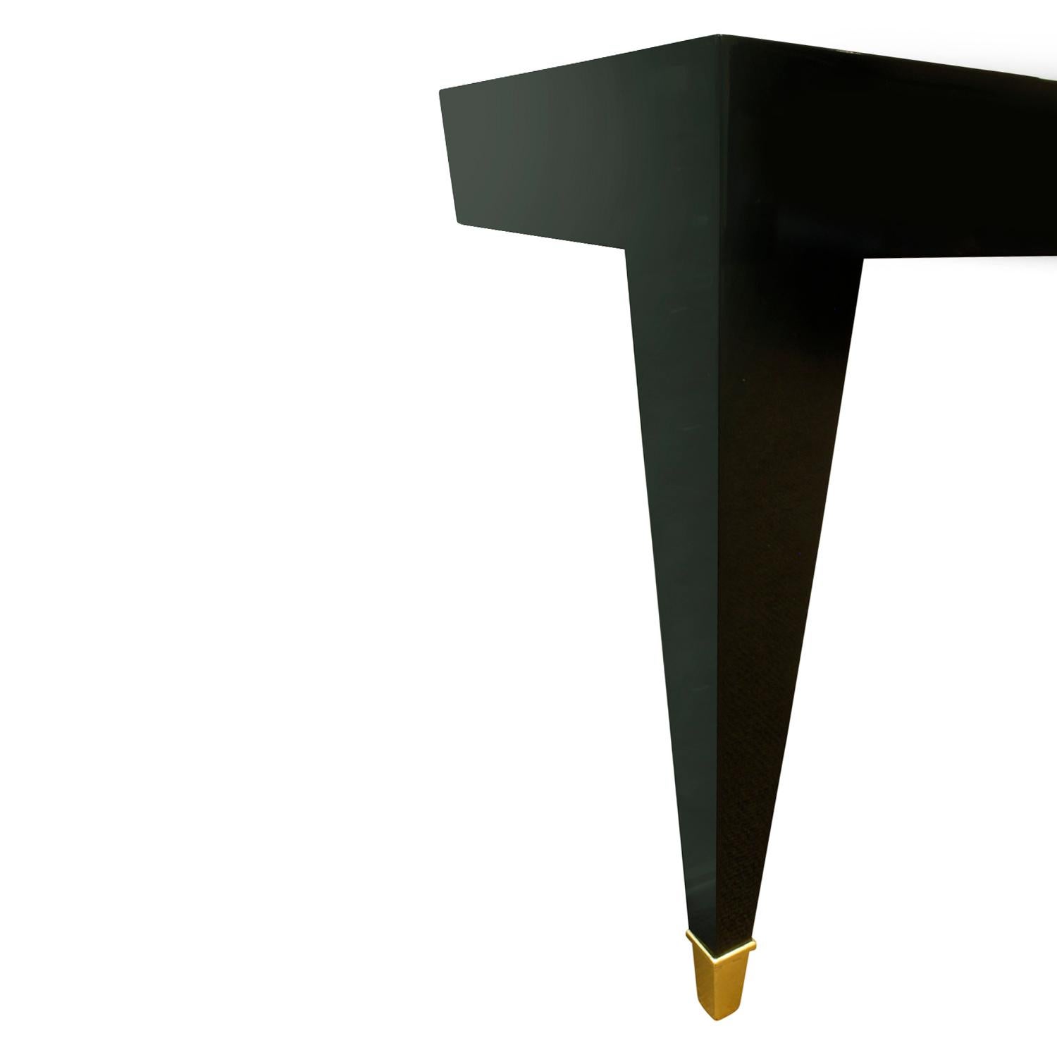 Late 20th Century Pace Black Lacquer Console Table with Inset Granite Top and Brass Sabots, 1980s For Sale