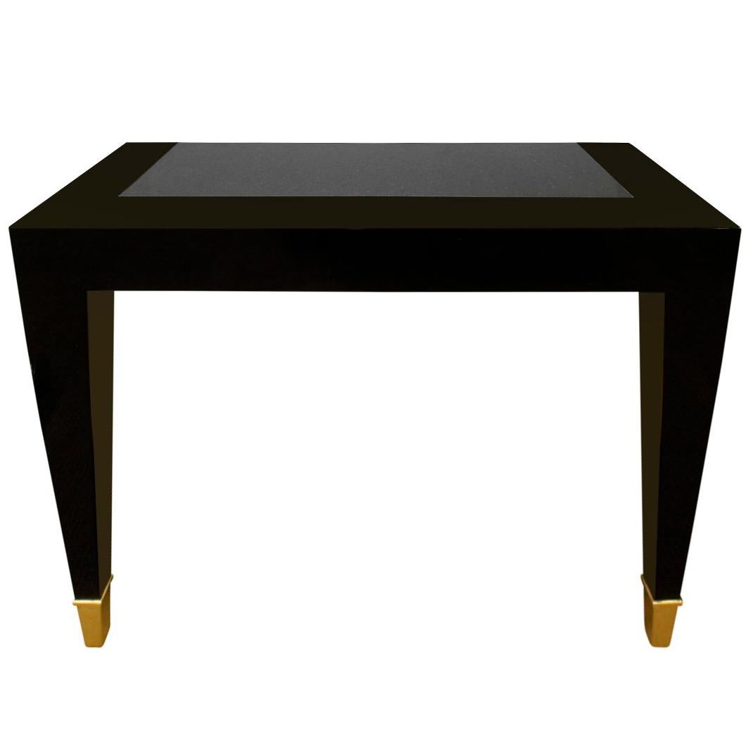Pace Black Lacquer Console Table with Inset Granite Top and Brass Sabots, 1980s